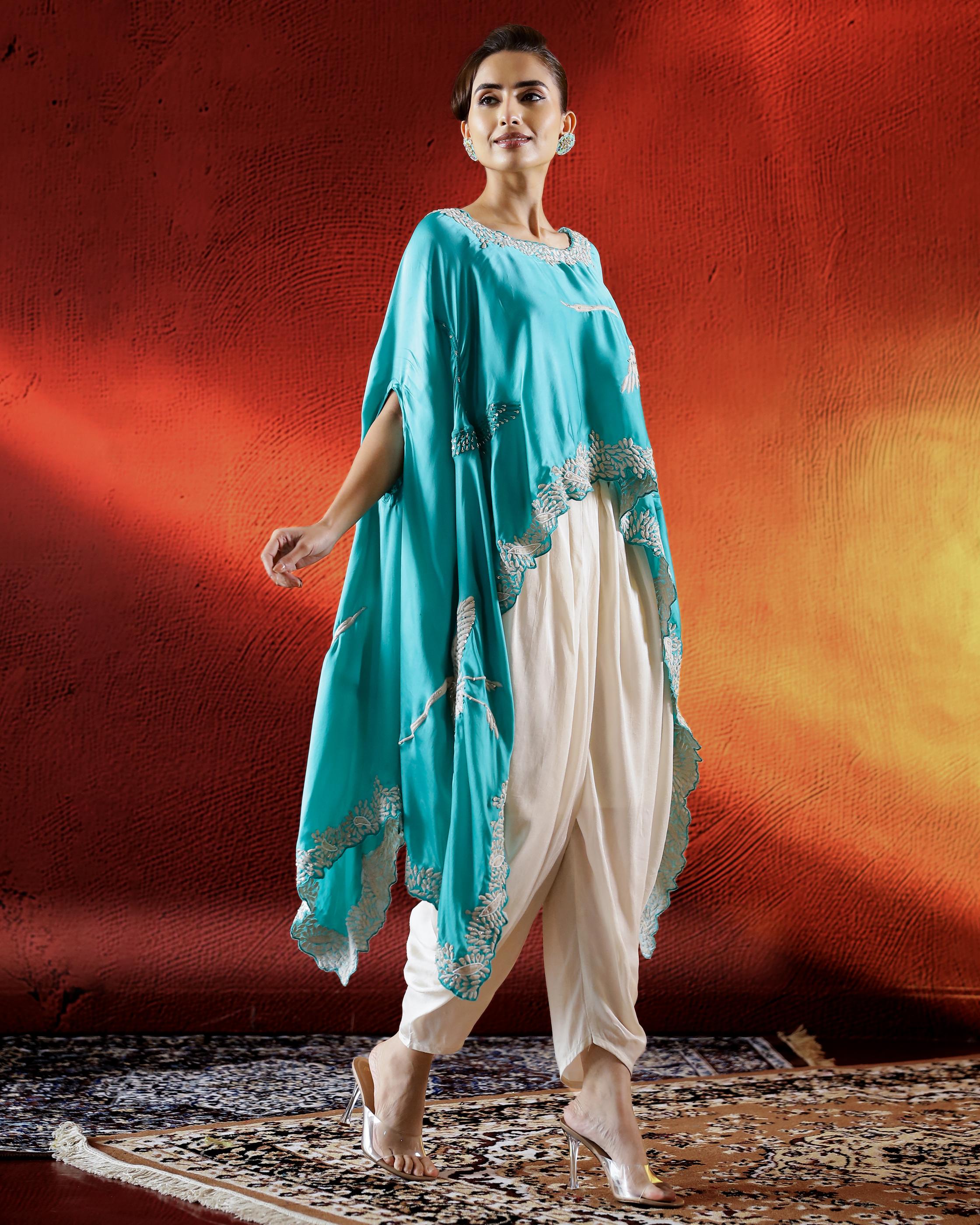 Turquoise Flamingo Embroidered Satin Silk Cape Set