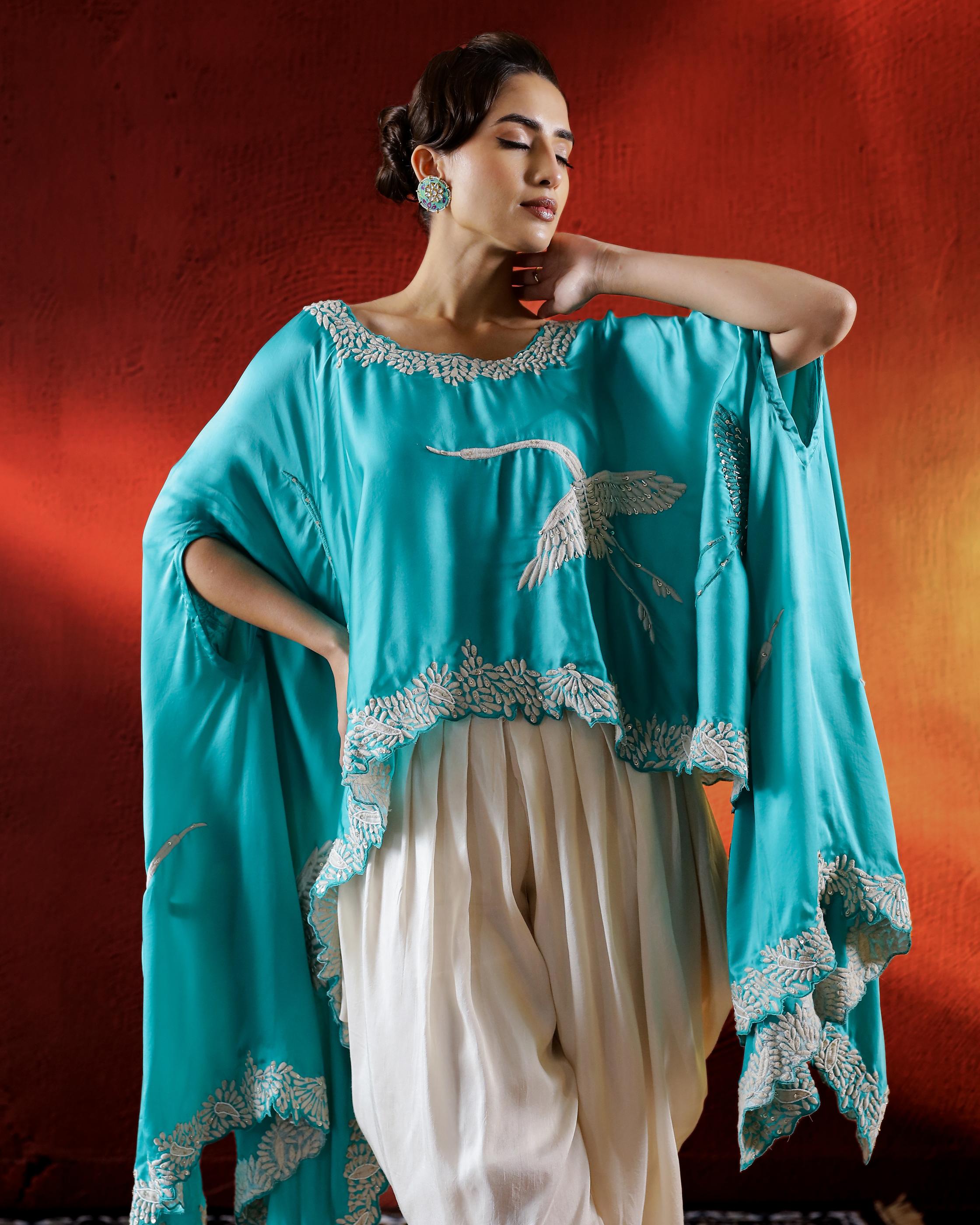 Turquoise Flamingo Embroidered Satin Silk Cape Set