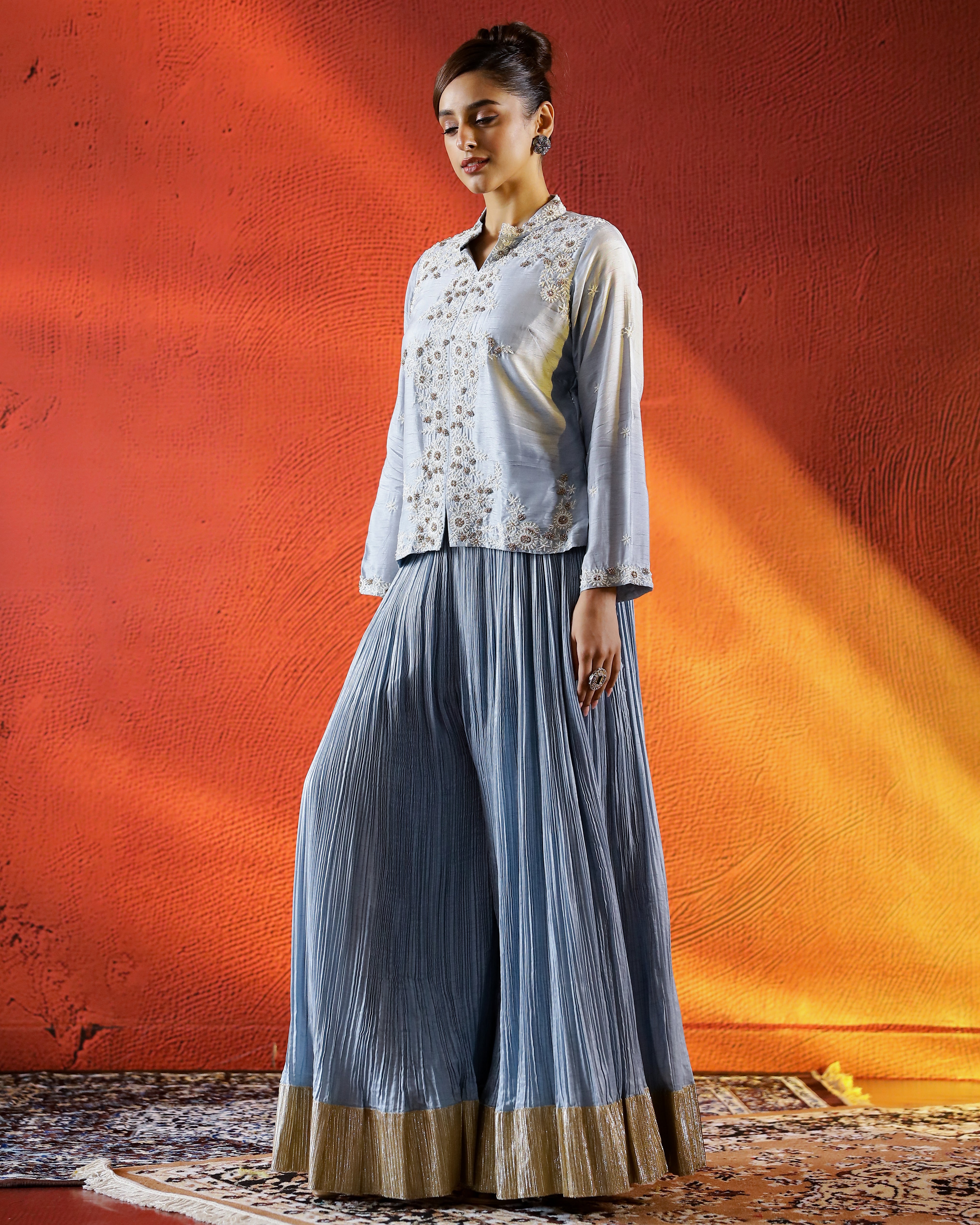 Pastel Blue Embellished Spanish Silk Palazzo Set