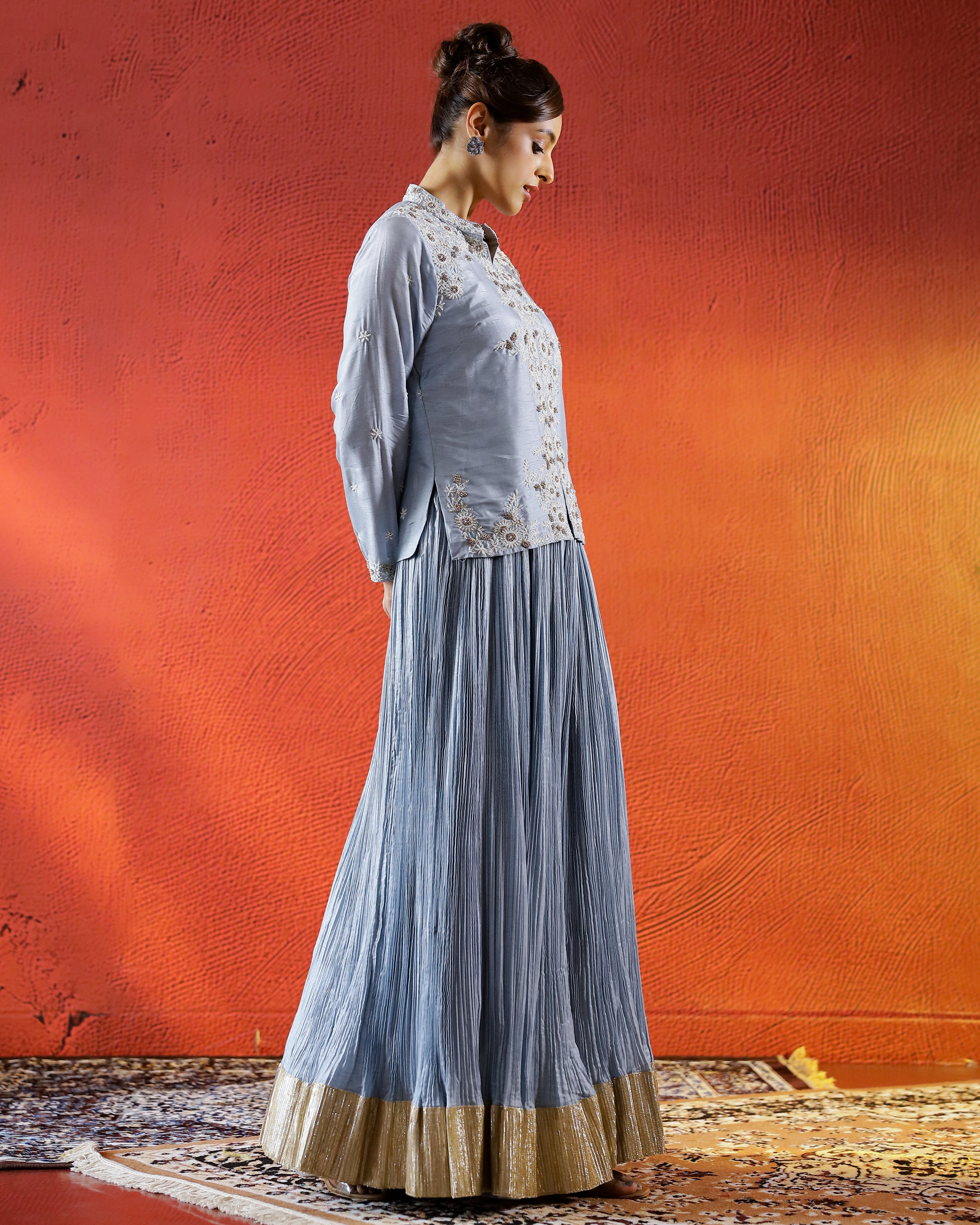 Pastel Blue Embellished Spanish Silk Palazzo Set