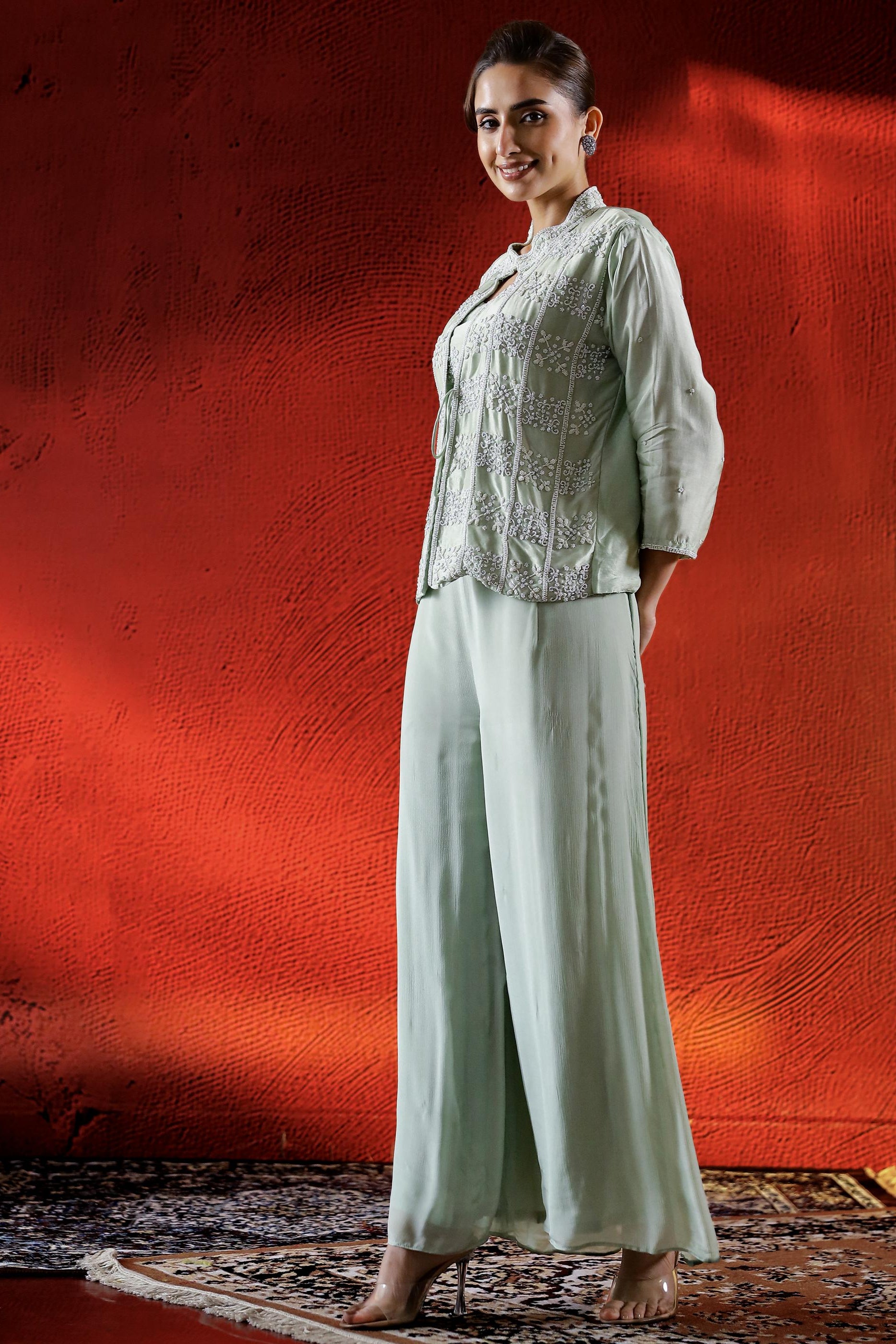 Light Green Embellished Spanish Silk Cape Set