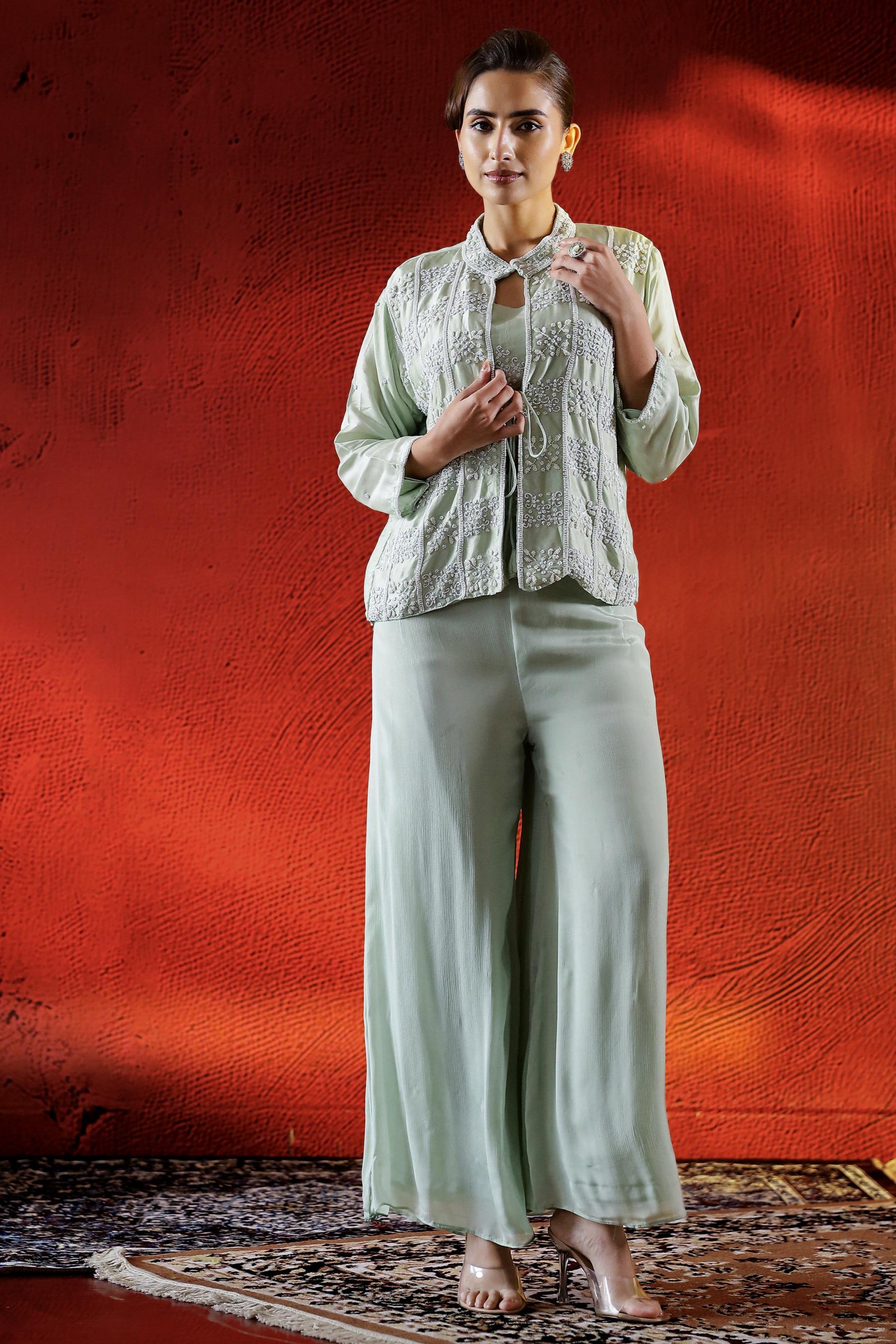 Light Green Embellished Spanish Silk Cape Set