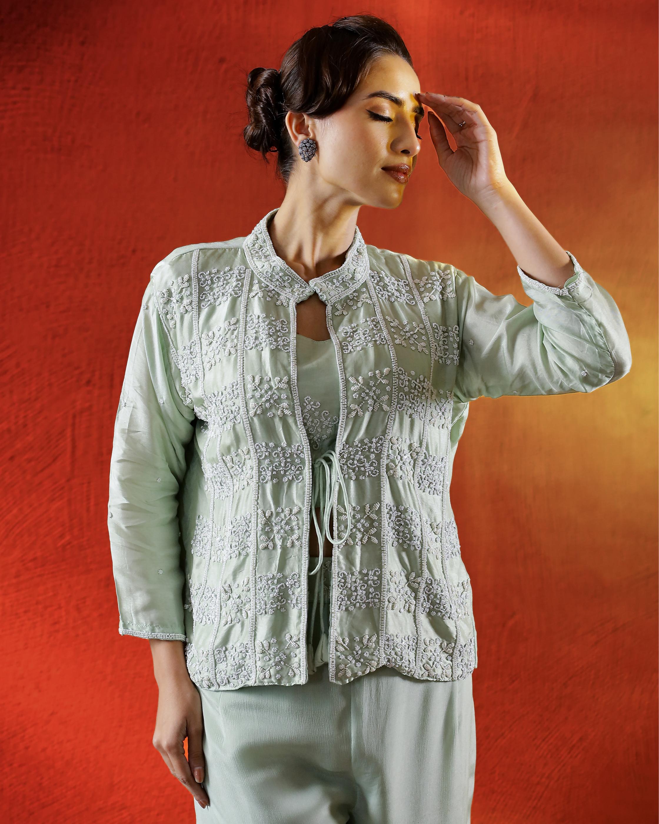 Light Green Embellished Spanish Silk Cape Set