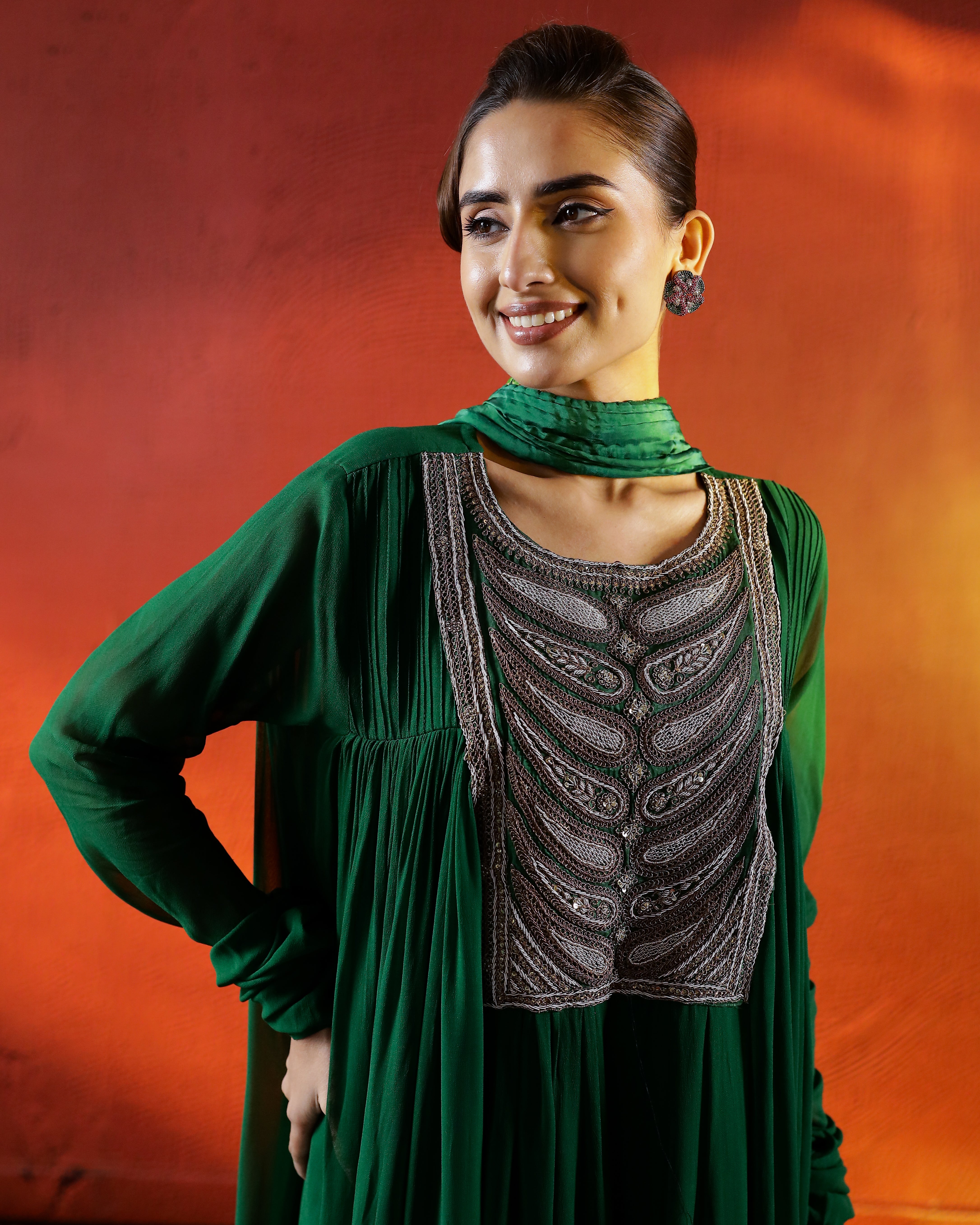 Green Embellished Georgette Kurta Set