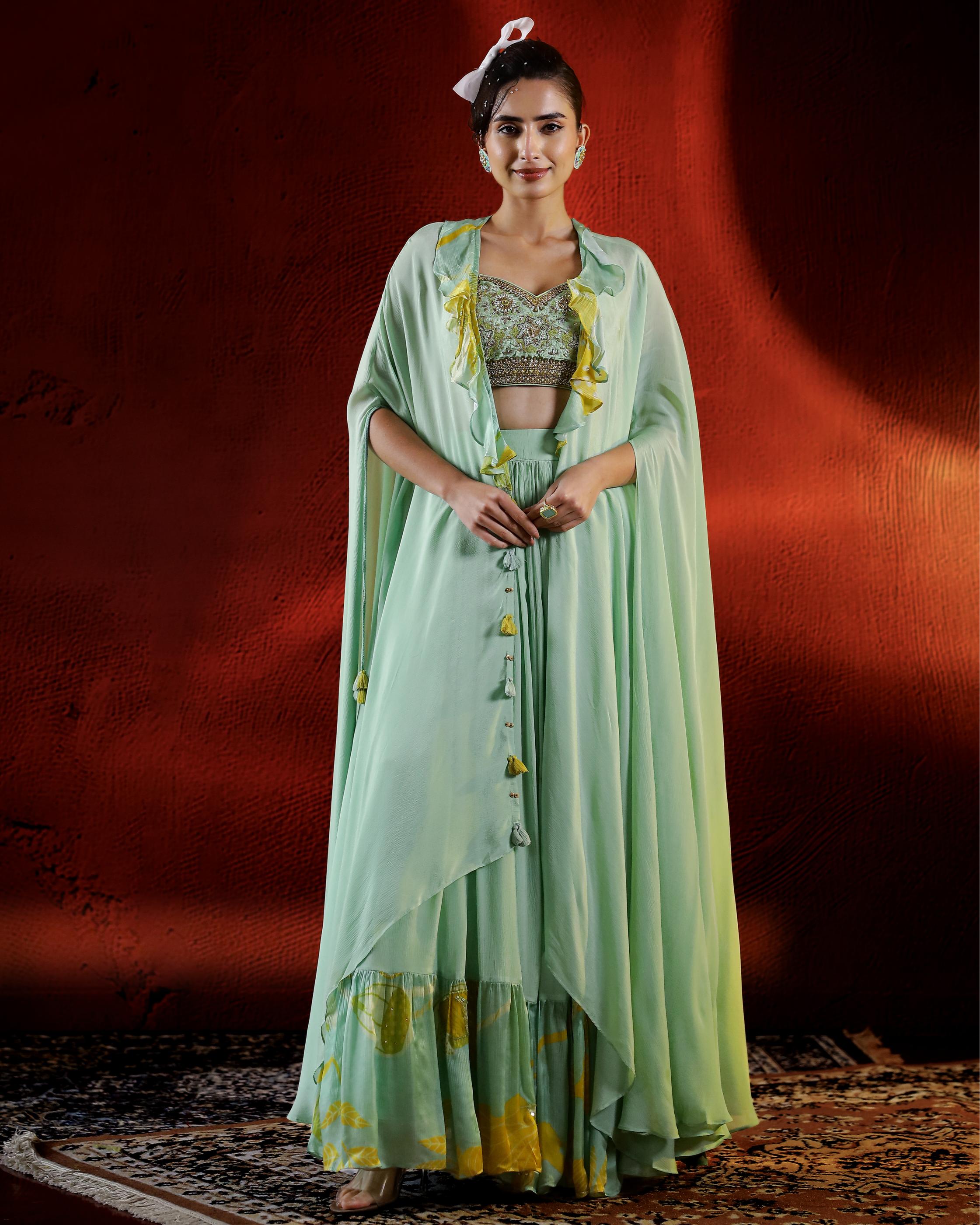 Pastel Green Embellished Chinon Silk Cape Set