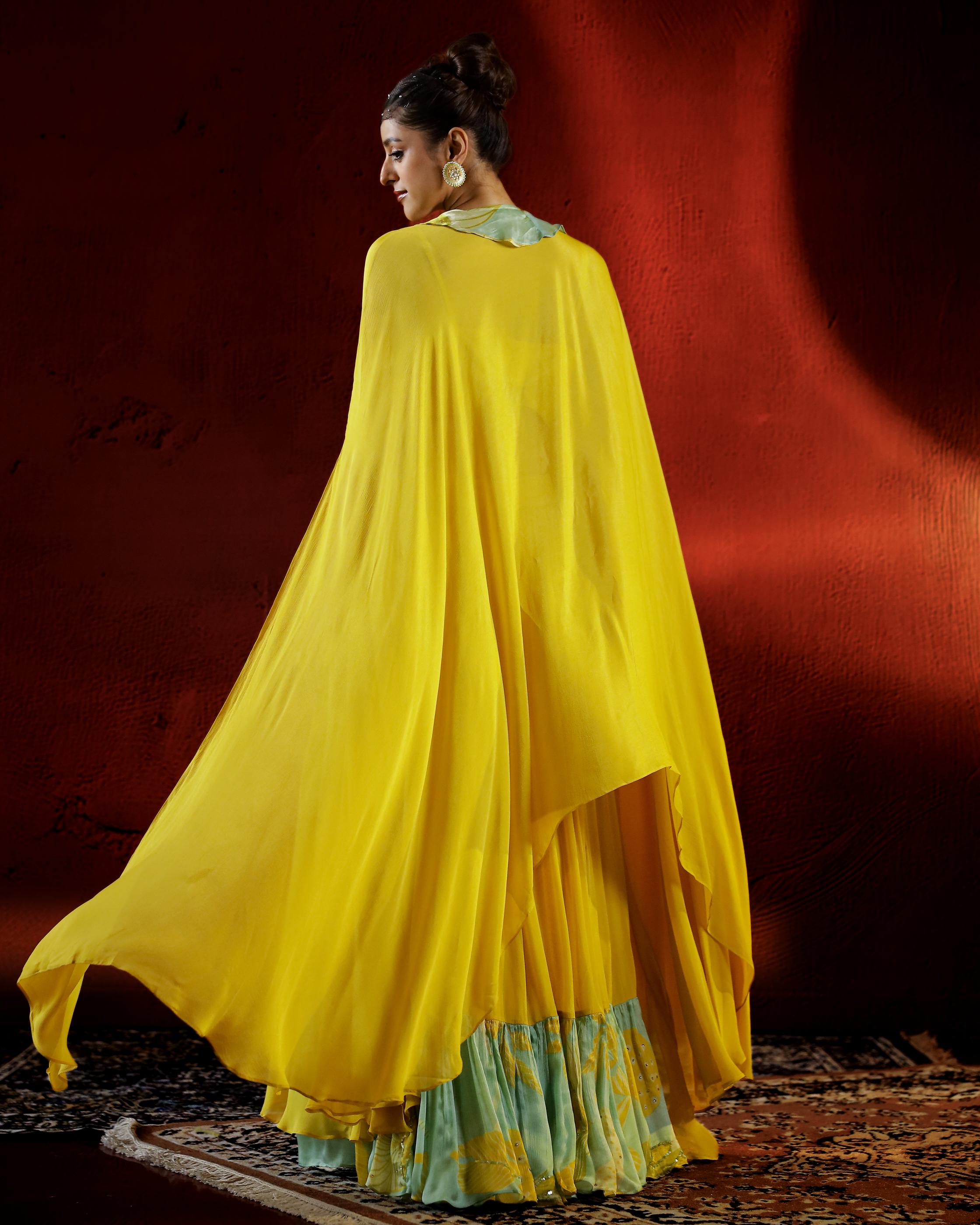 Yellow Embellished Chinon Silk Cape Set