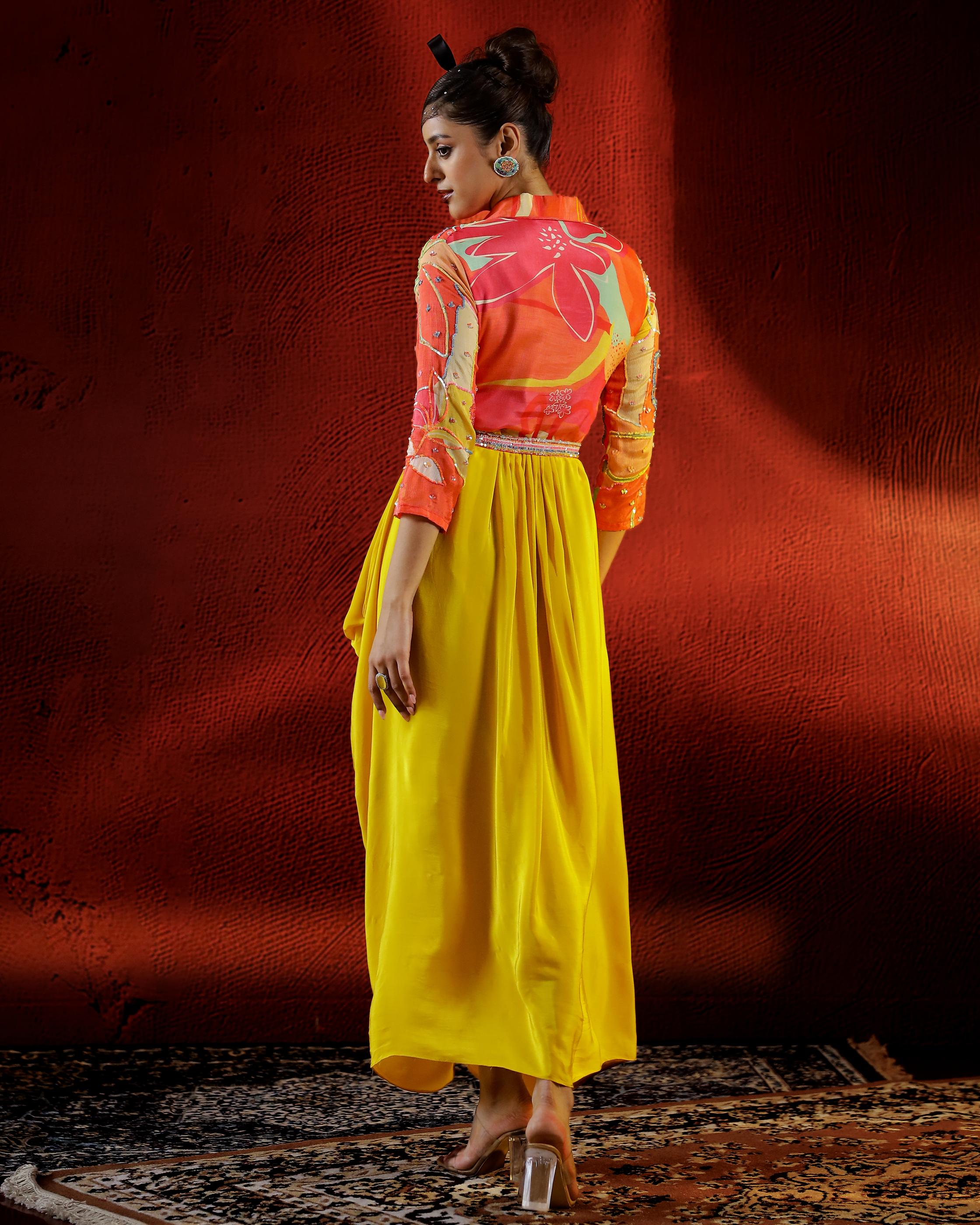 Mustard Digital Printed Habutai Silk Cowl Gown