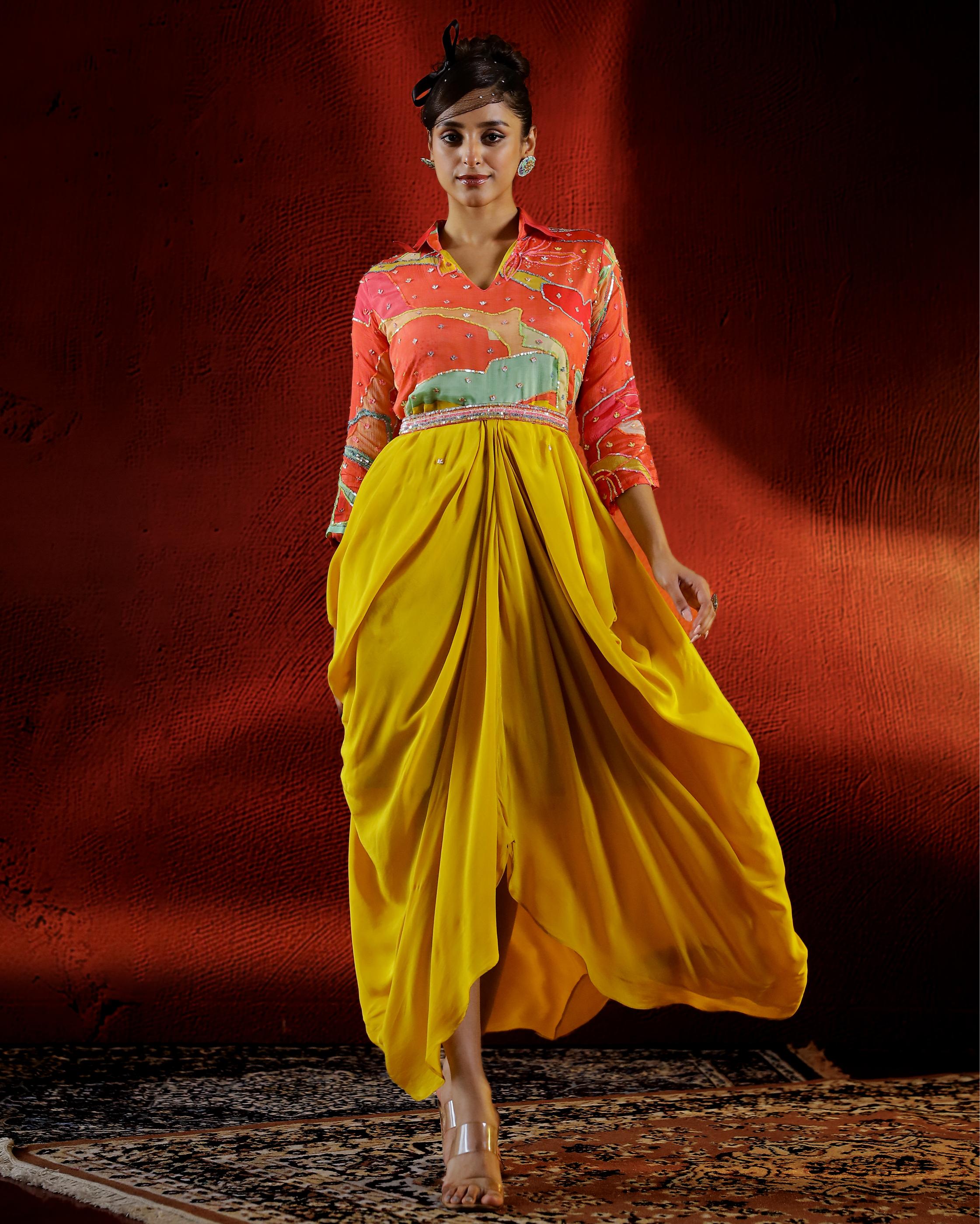 Mustard Digital Printed Habutai Silk Cowl Gown