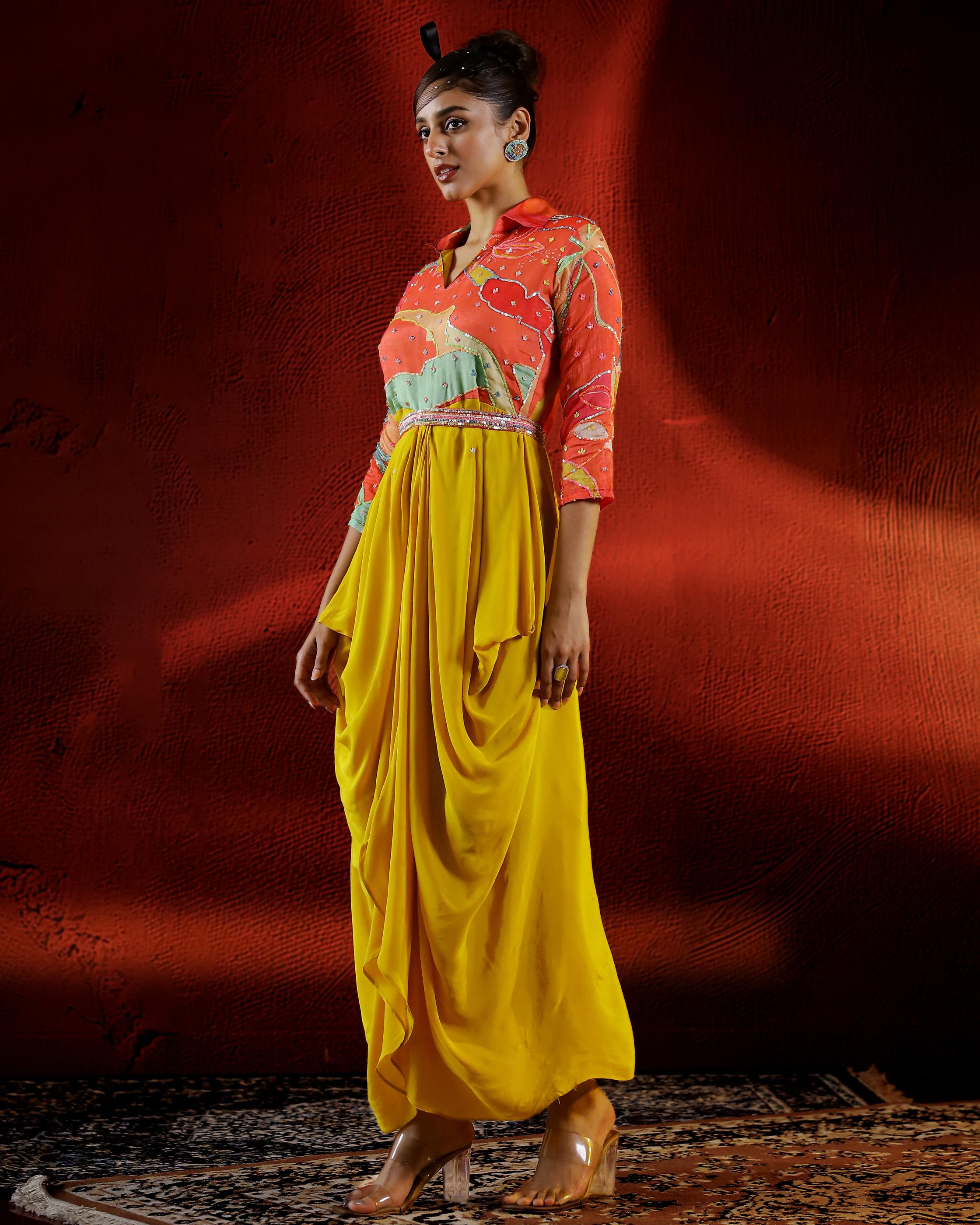 Mustard Digital Printed Habutai Silk Cowl Gown