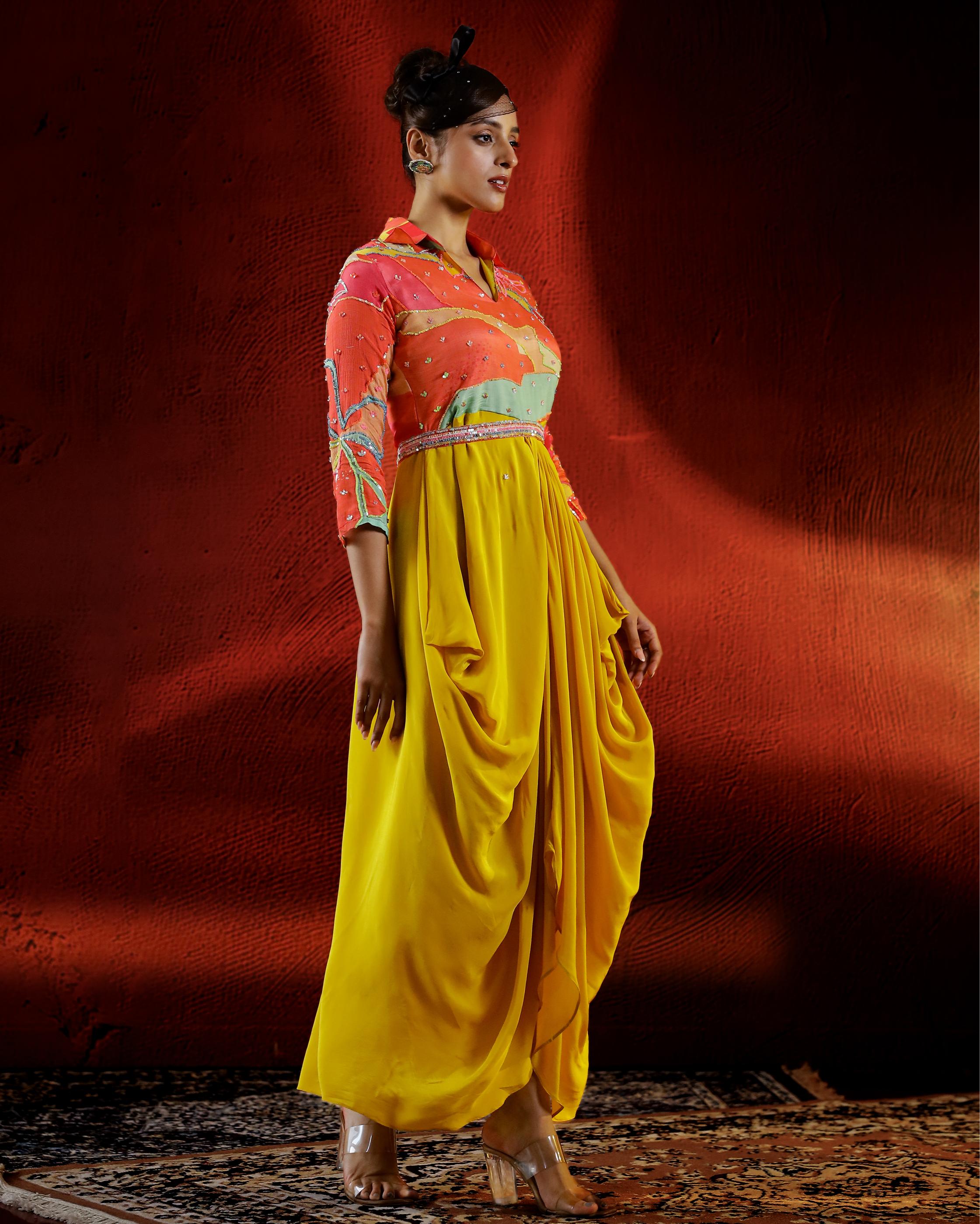 Mustard Digital Printed Habutai Silk Cowl Gown