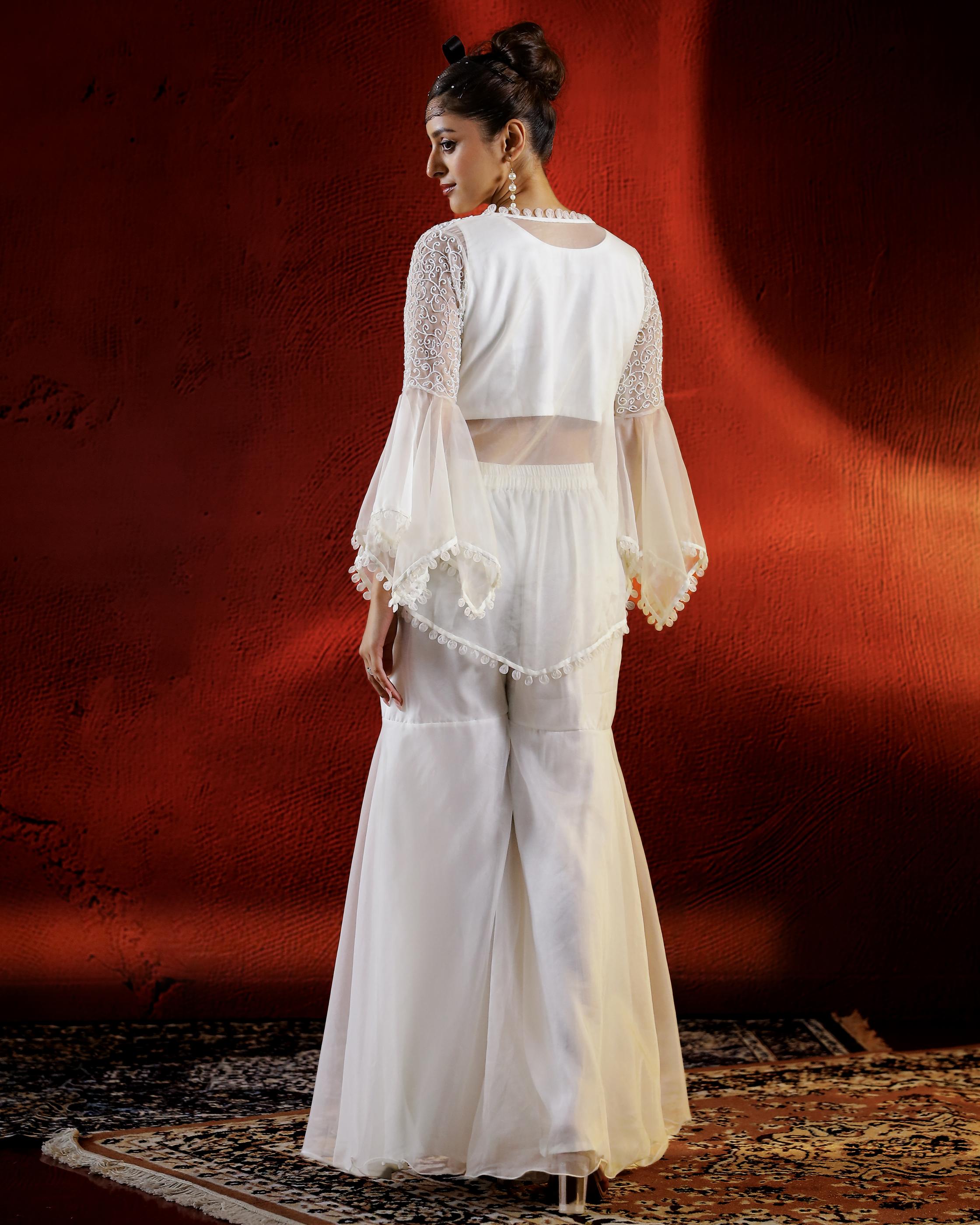 Ivory Embellished Organza Silk Sharara Set