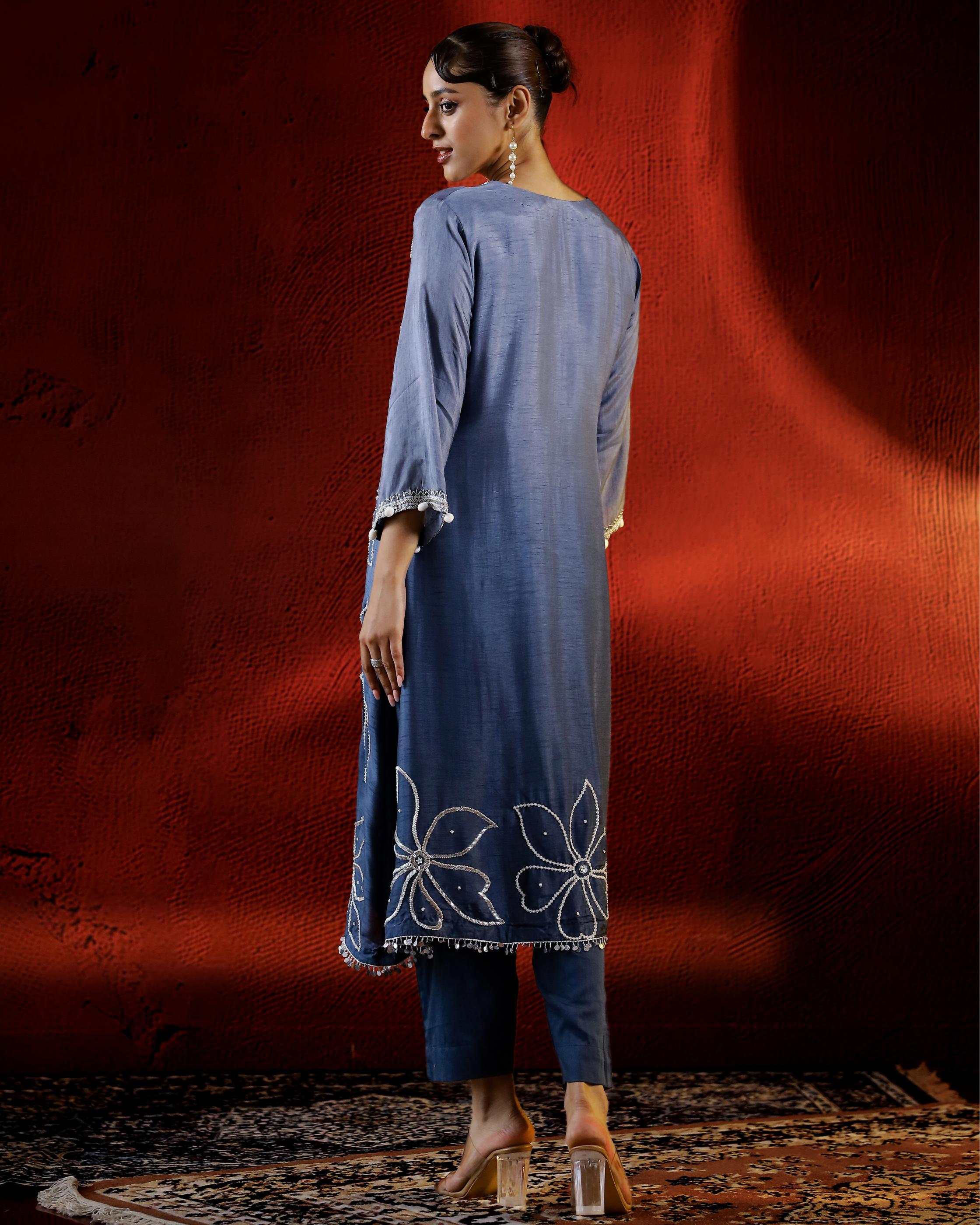 Slate Blue Embellished Belgium Silk Kurta Set