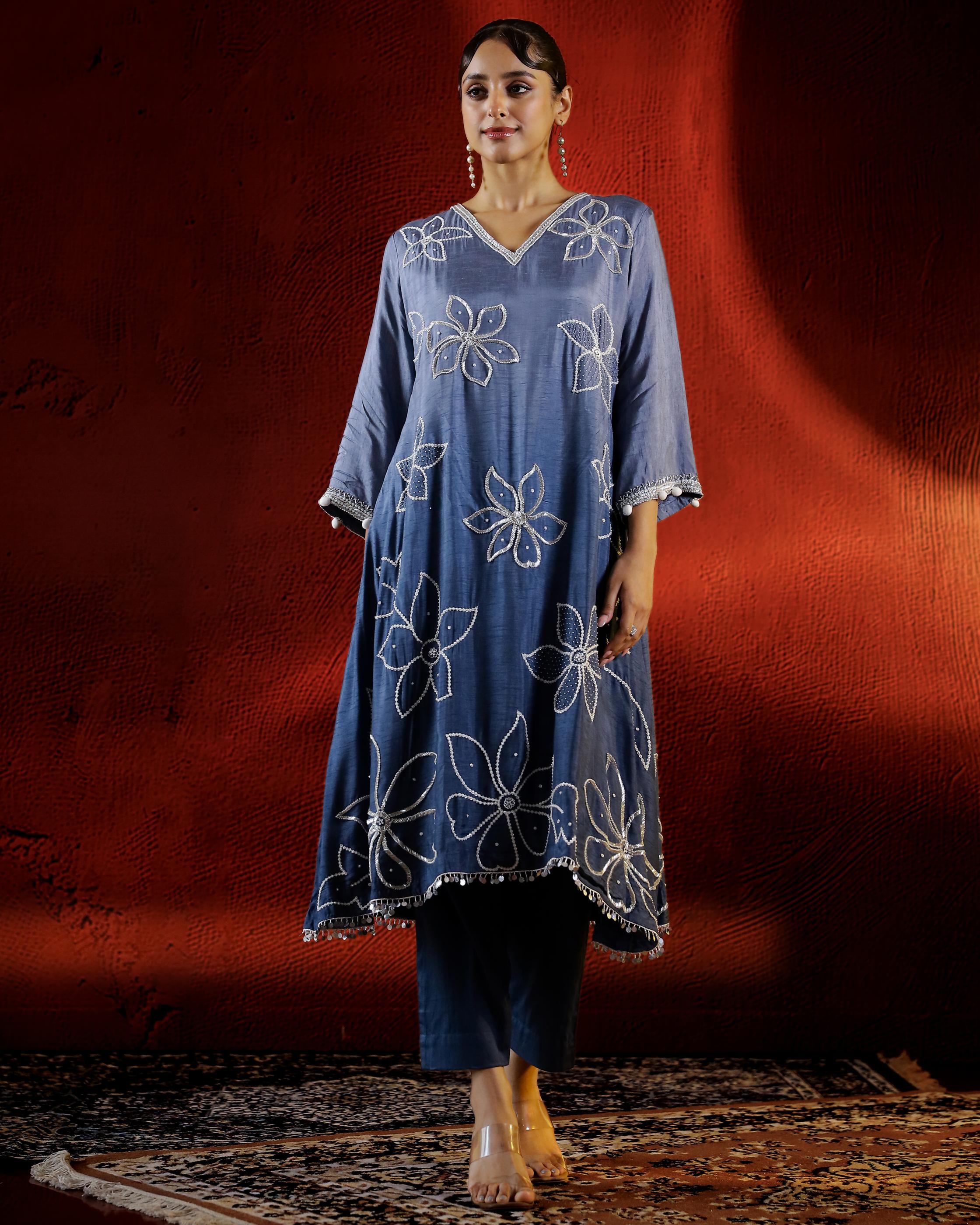 Slate Blue Embellished Belgium Silk Kurta Set