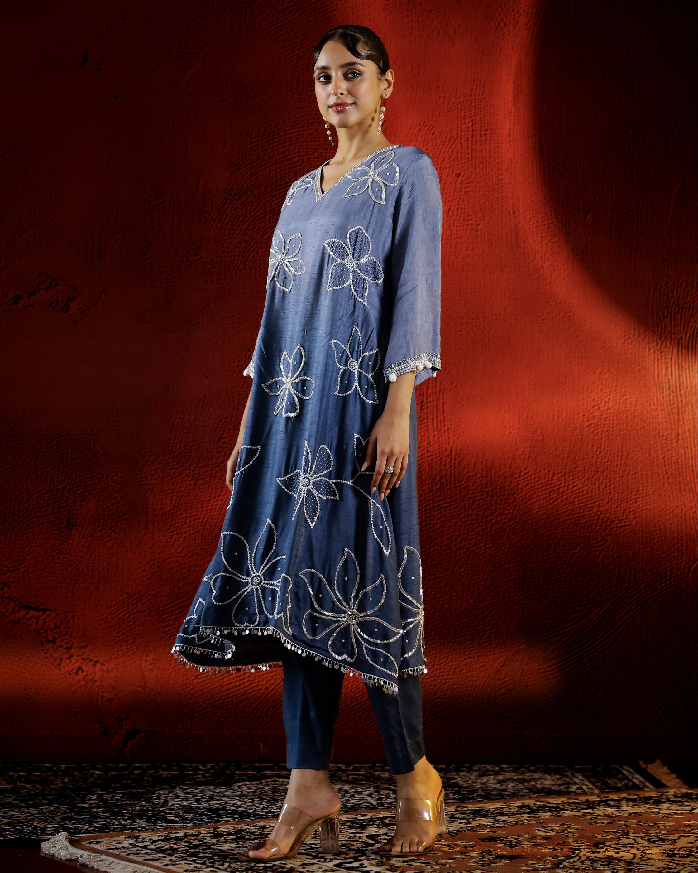 Slate Blue Embellished Belgium Silk Kurta Set