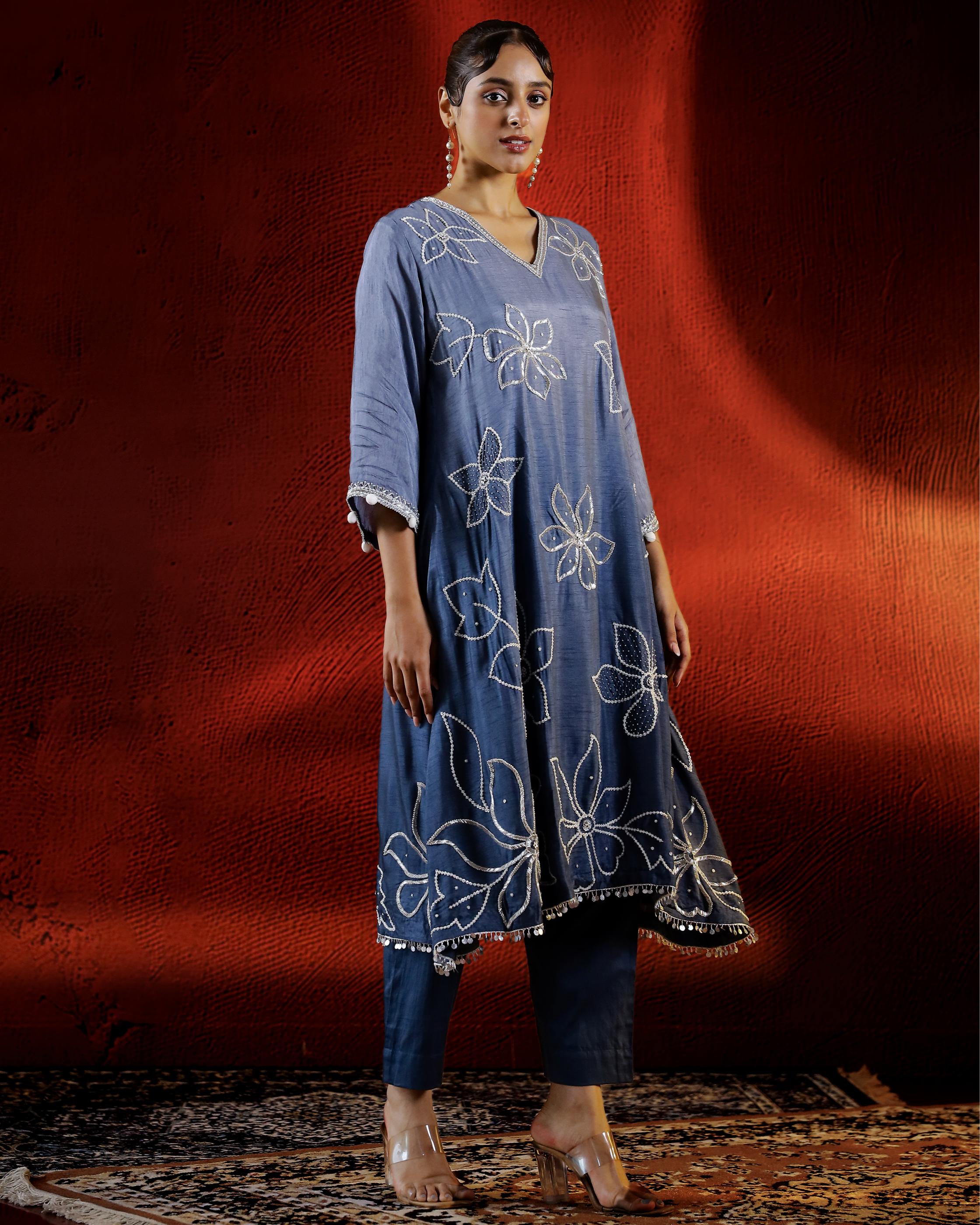 Slate Blue Embellished Belgium Silk Kurta Set