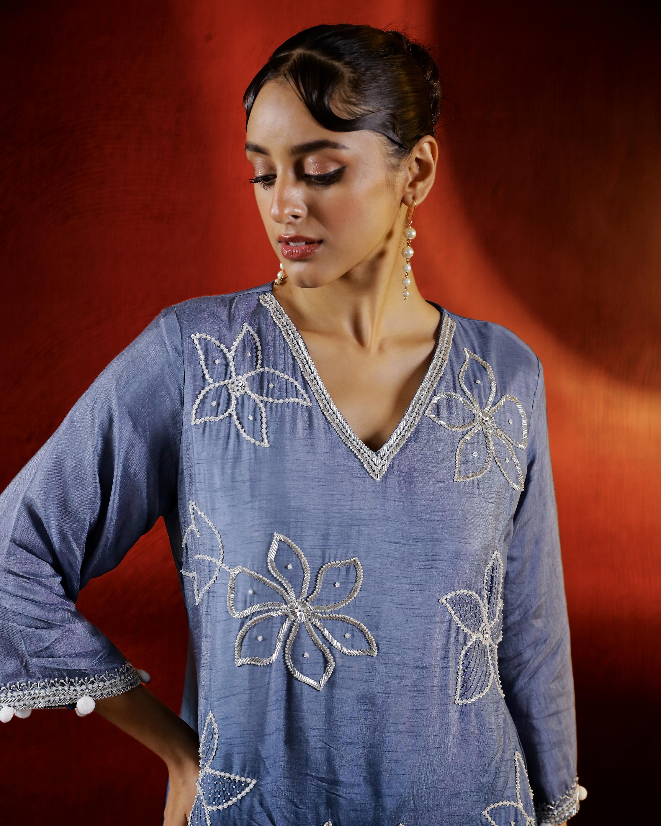 Slate Blue Embellished Belgium Silk Kurta Set