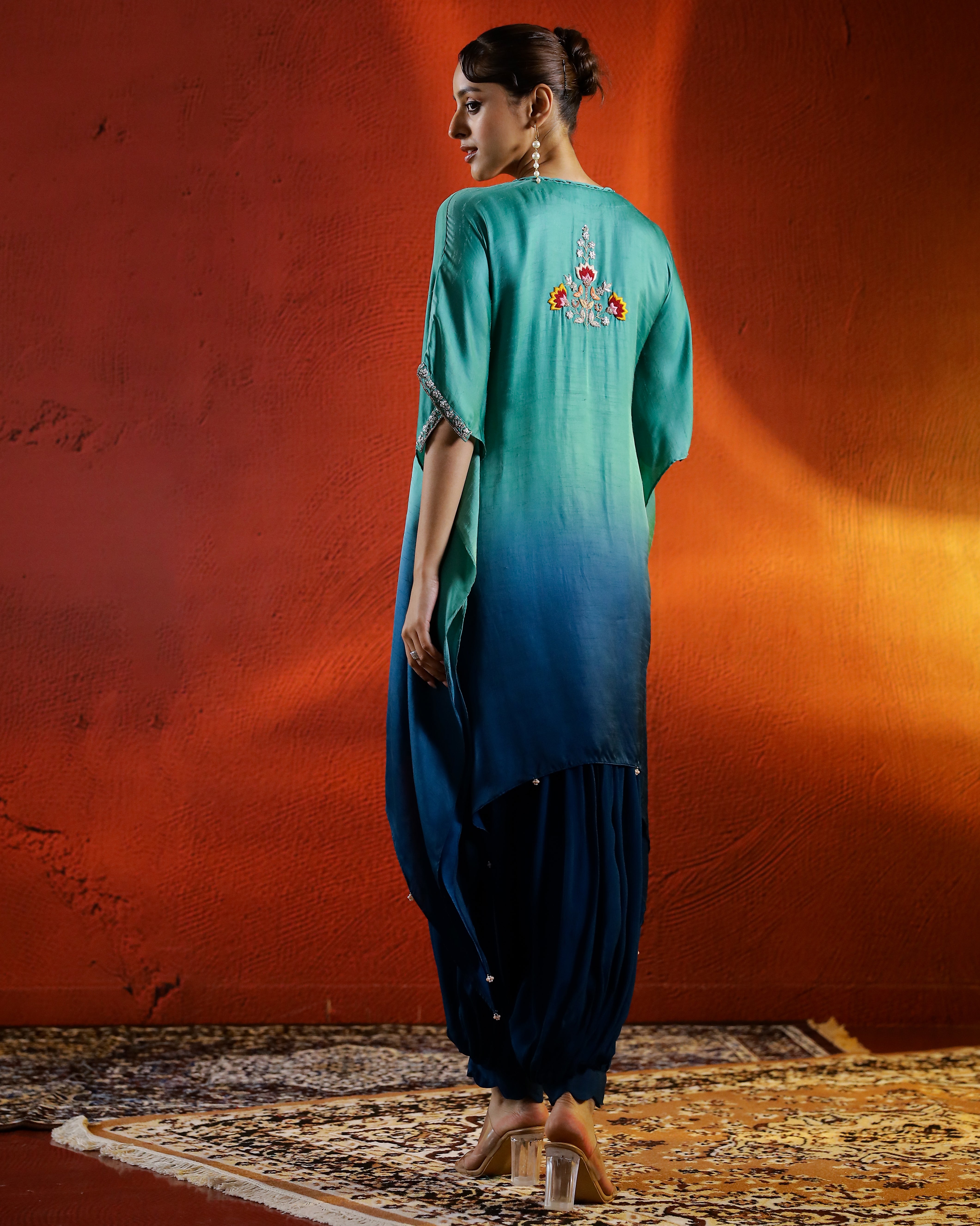 Turquoise Embellished Organza Silk kaftan Set