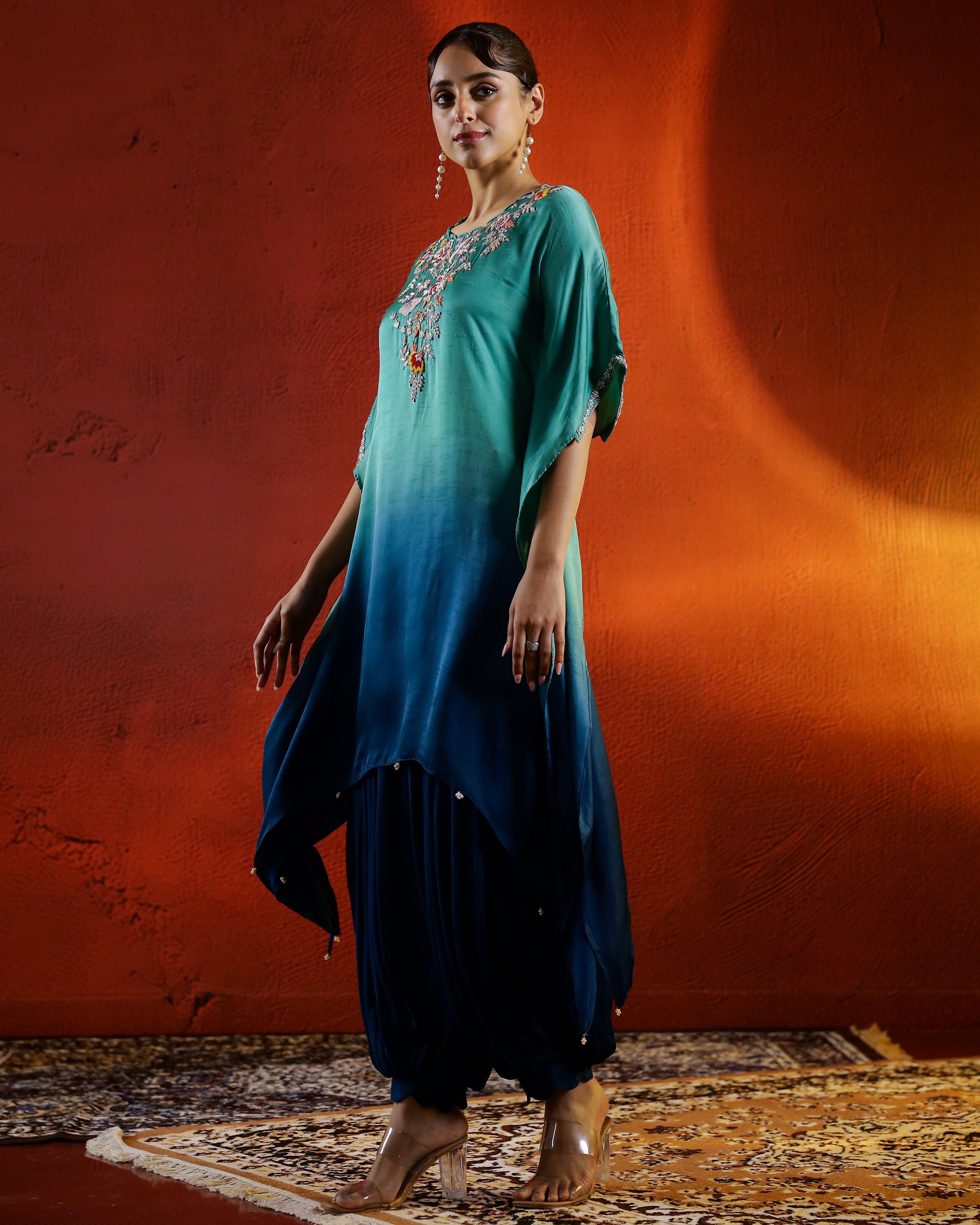 Turquoise Embellished Organza Silk kaftan Set