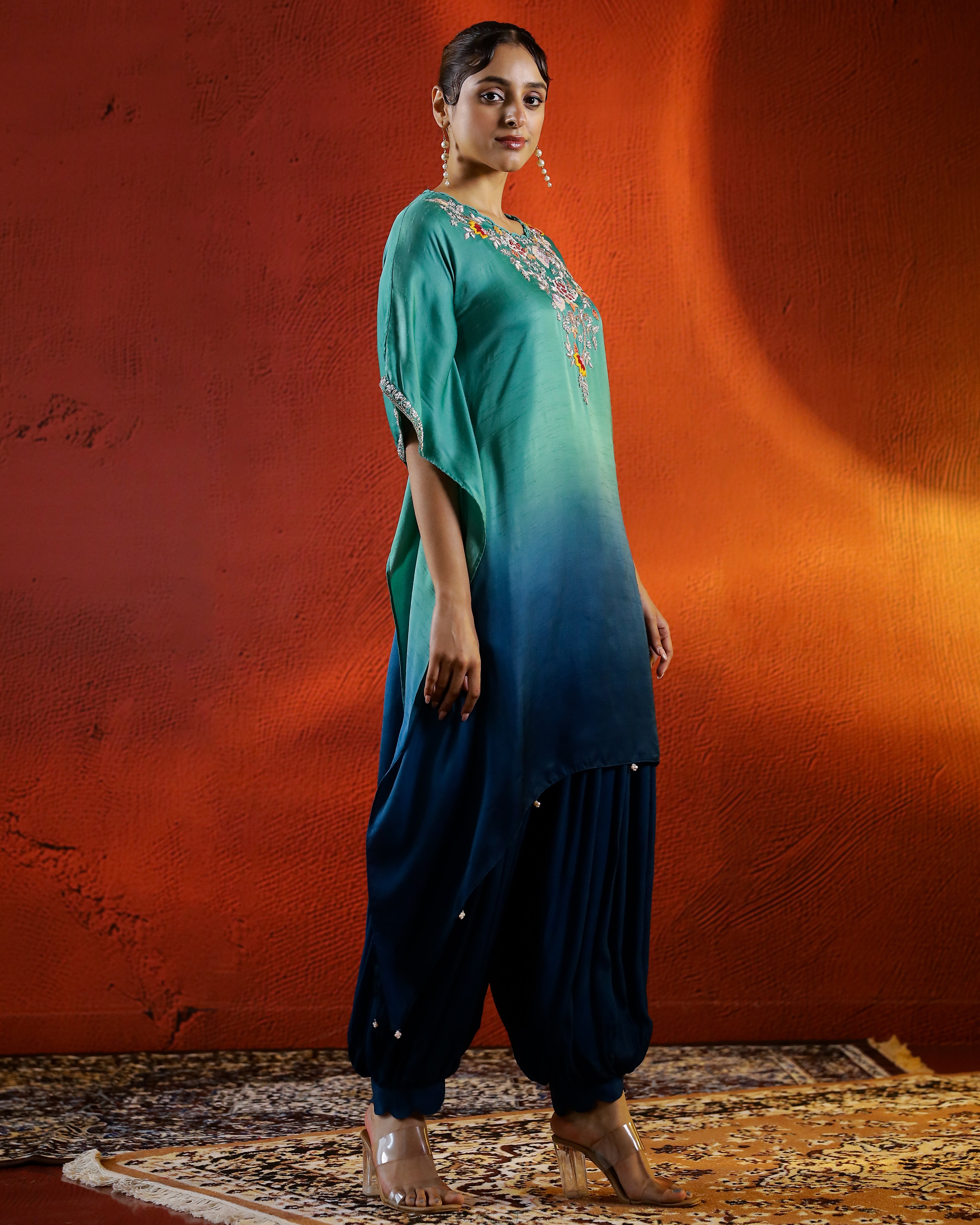 Turquoise Embellished Organza Silk kaftan Set