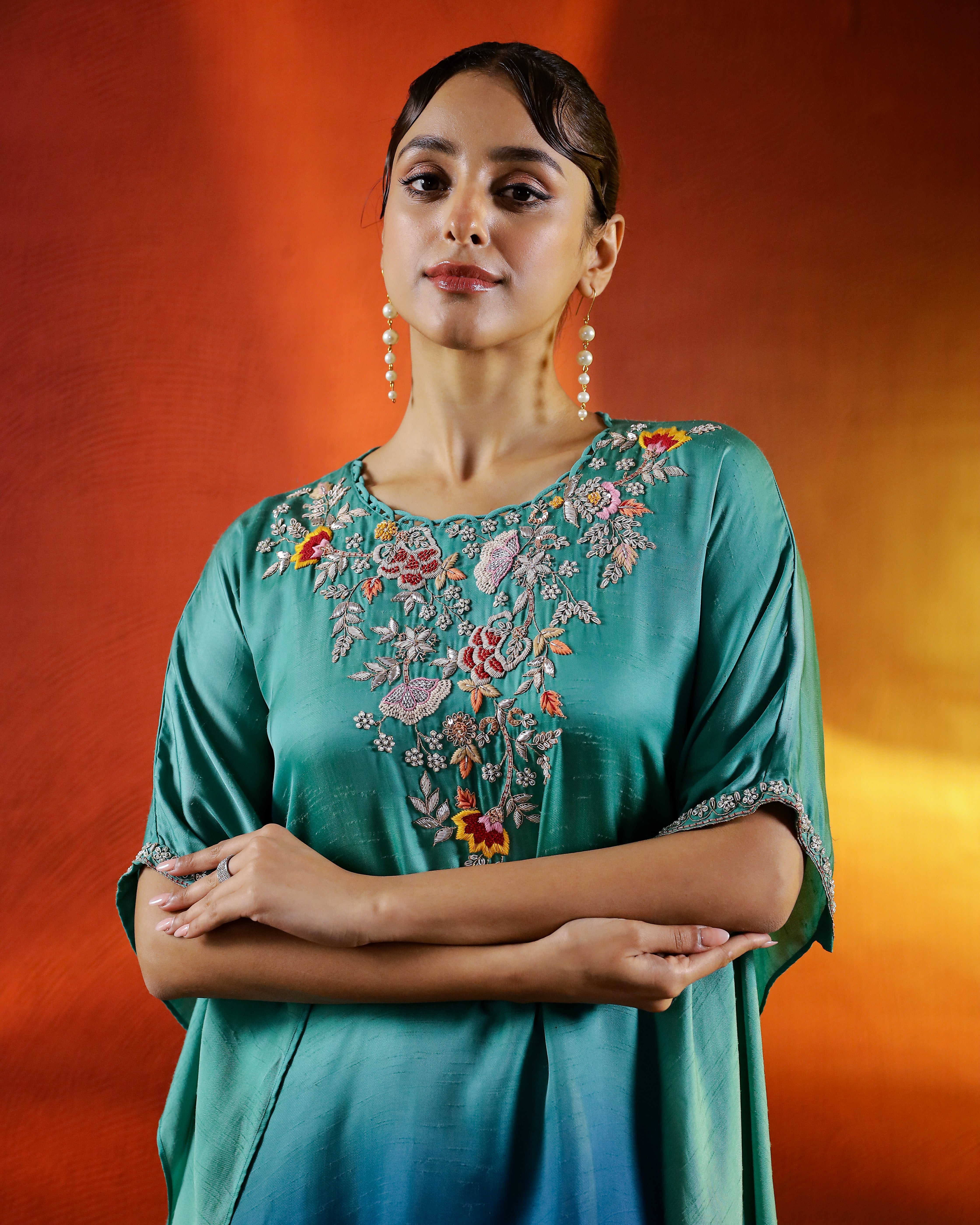 Turquoise Embellished Organza Silk kaftan Set