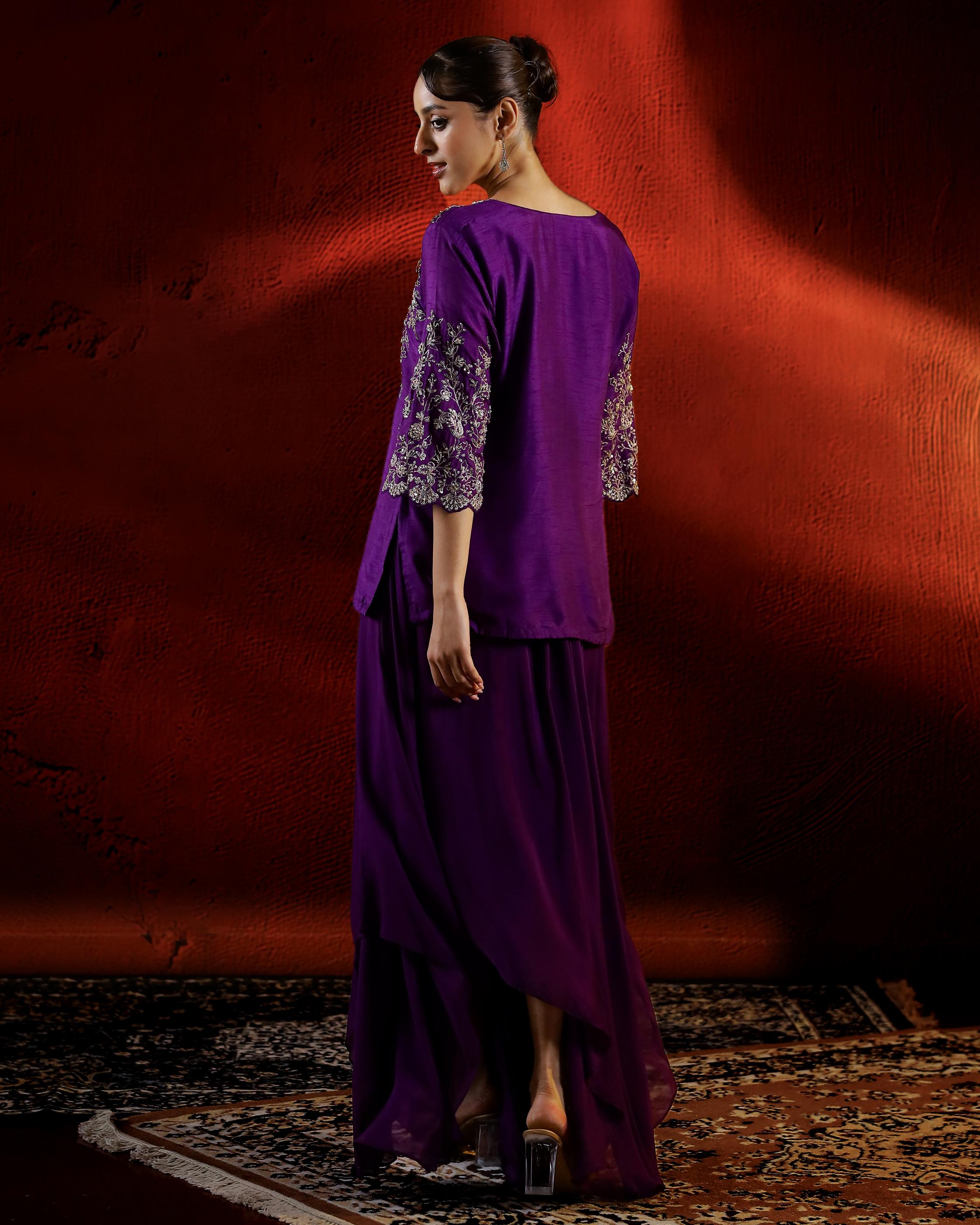 Violet Embellished Raw Silk Drape Skirt Set