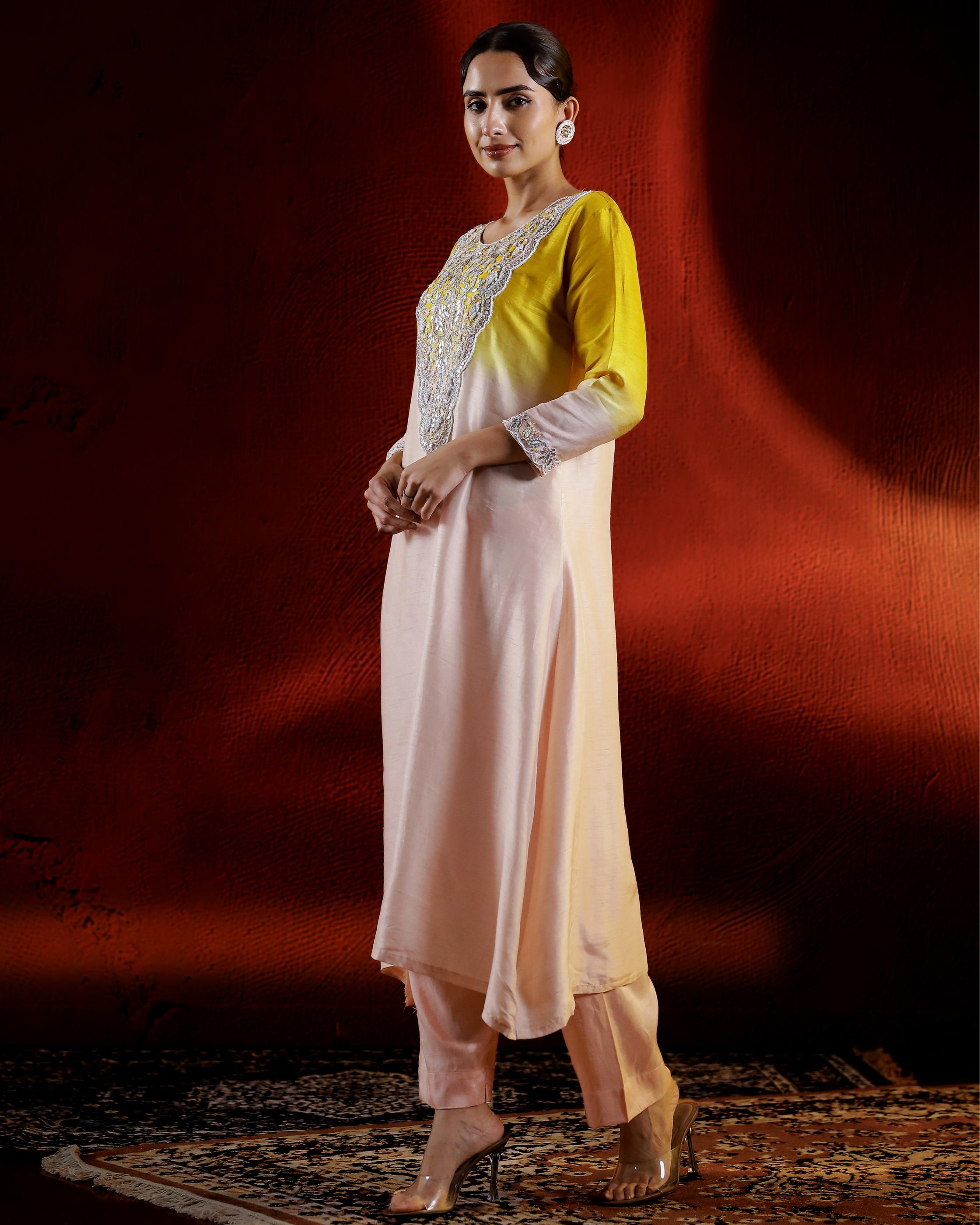 Pastel Peach Embellished Raw Silk Kurta Set