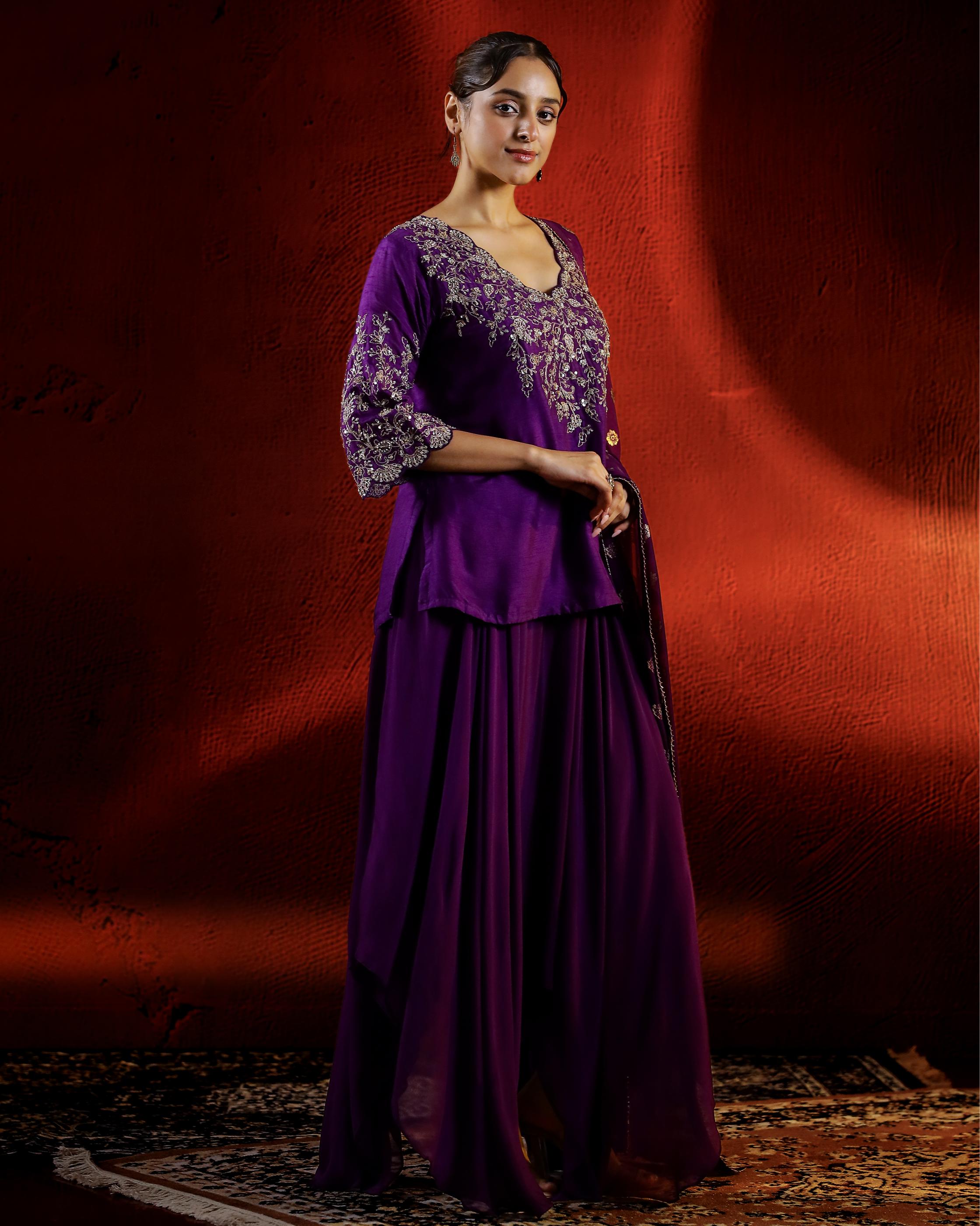 Violet Embellished Raw Silk Drape Skirt Set