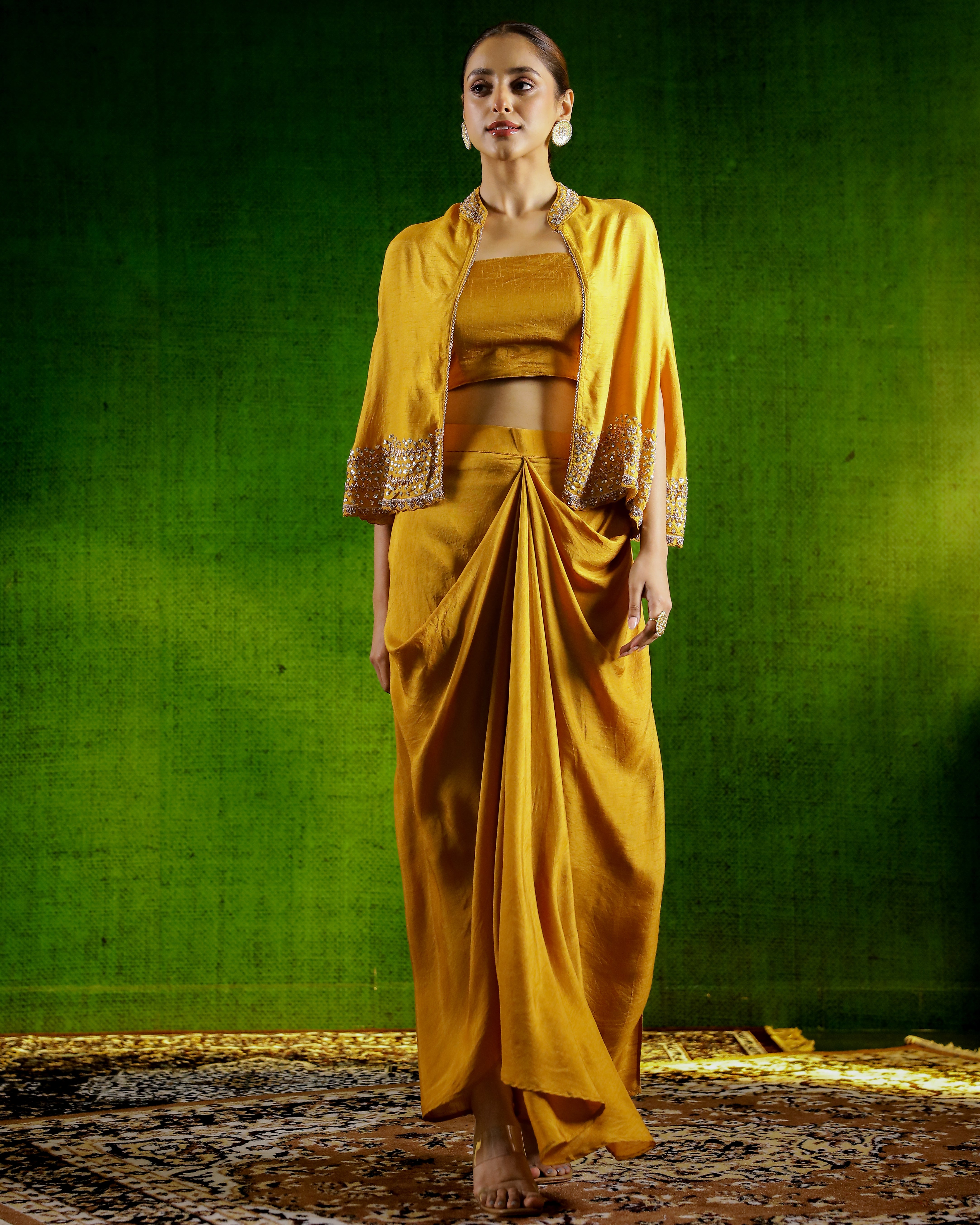 Mustard Embellished Raw Silk Skirt Set