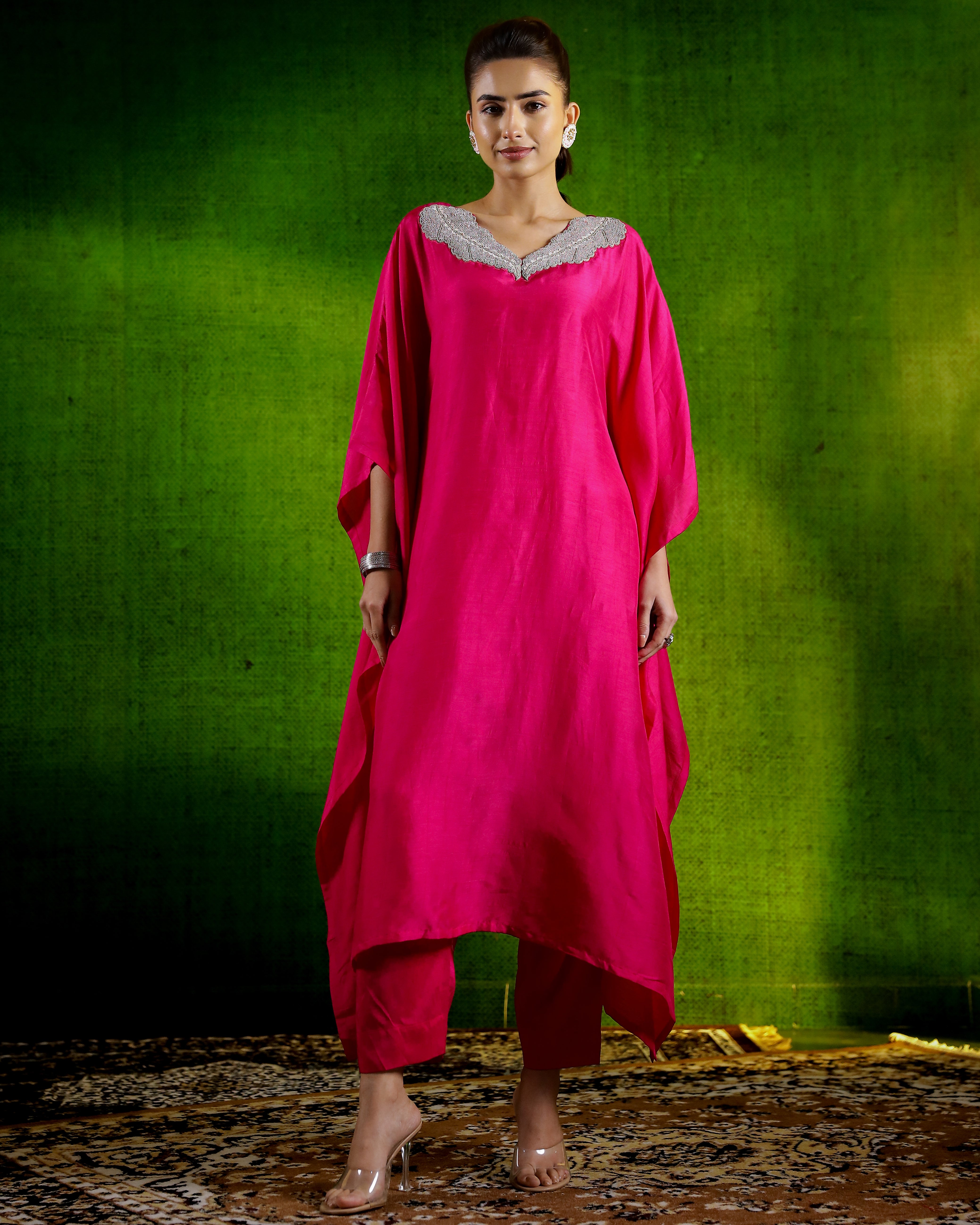 Rani Pink Embellished Premium Silk Kaftan Set