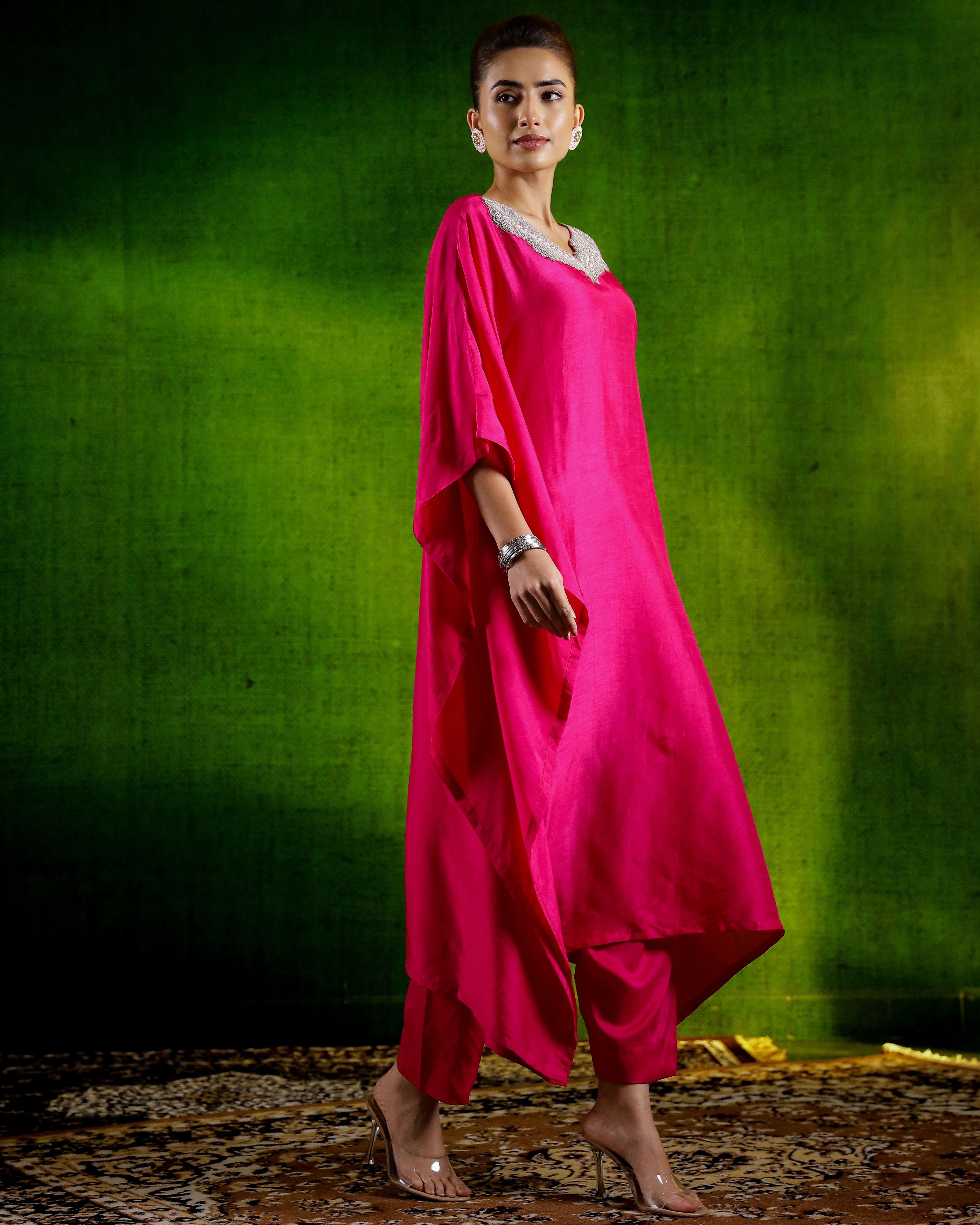 Rani Pink Embellished Premium Silk Kaftan Set