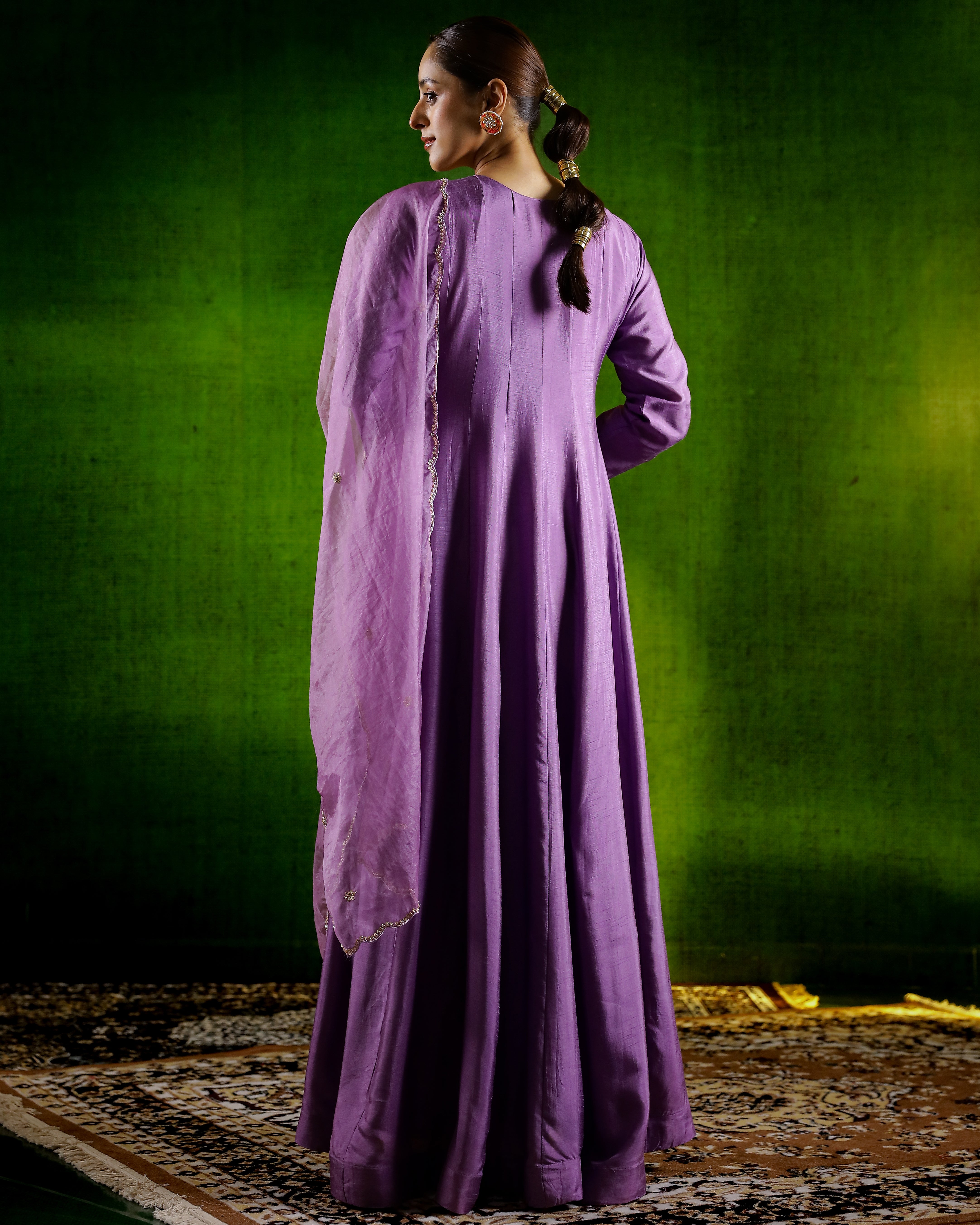 Mauve Embroidered & Flared Raw Silk Anarkali Set