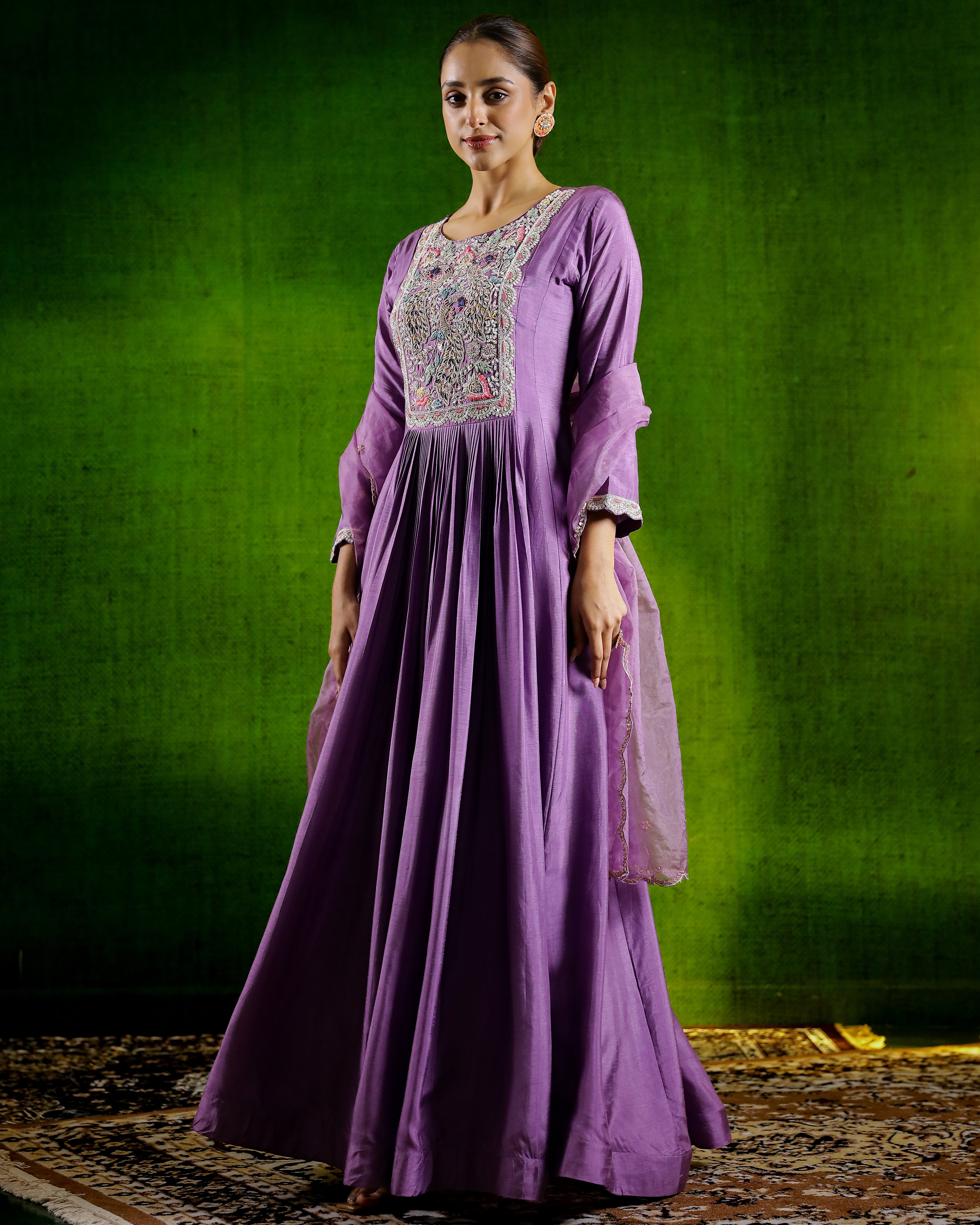 Mauve Embroidered & Flared Raw Silk Anarkali Set