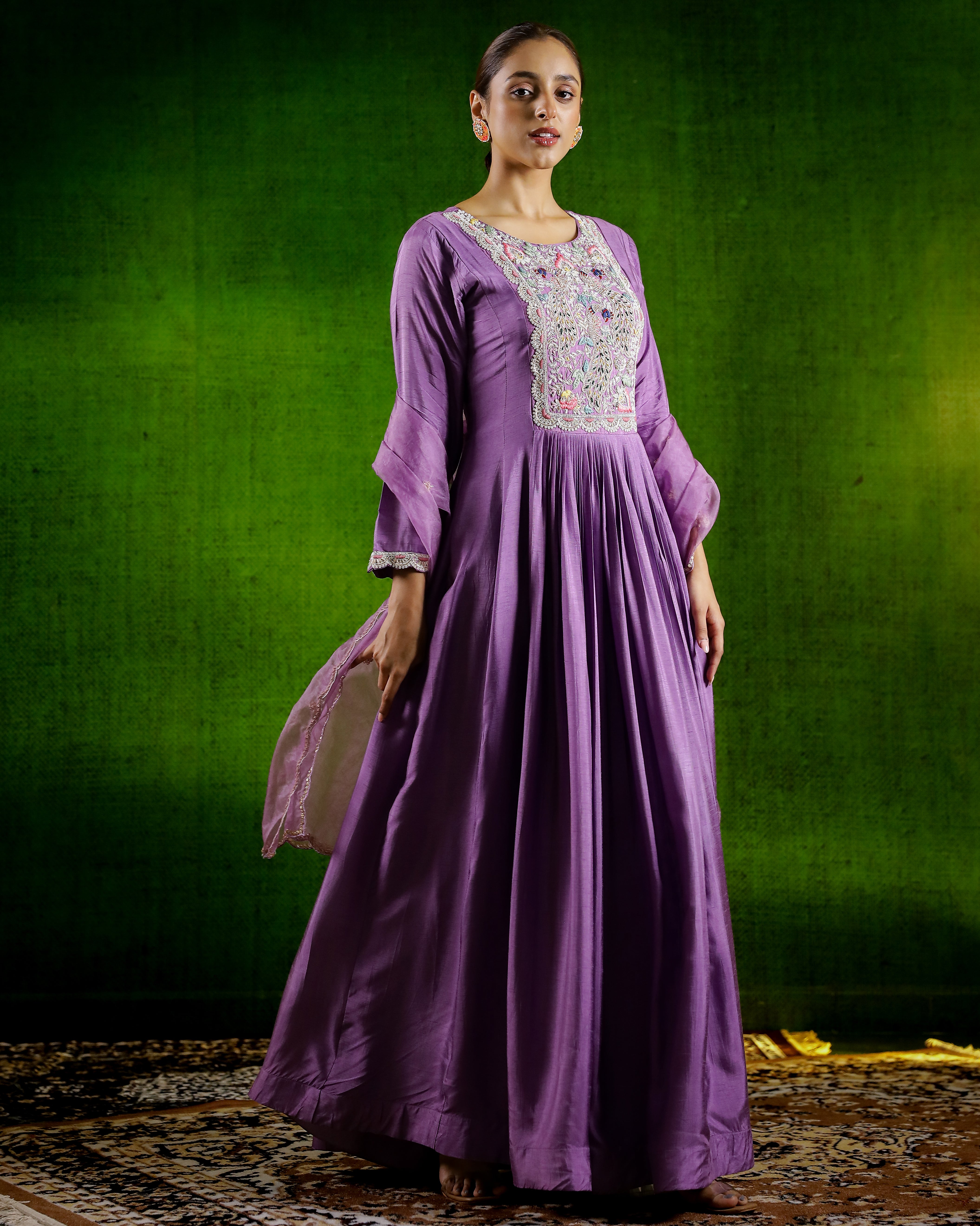 Mauve Embroidered & Flared Raw Silk Anarkali Set