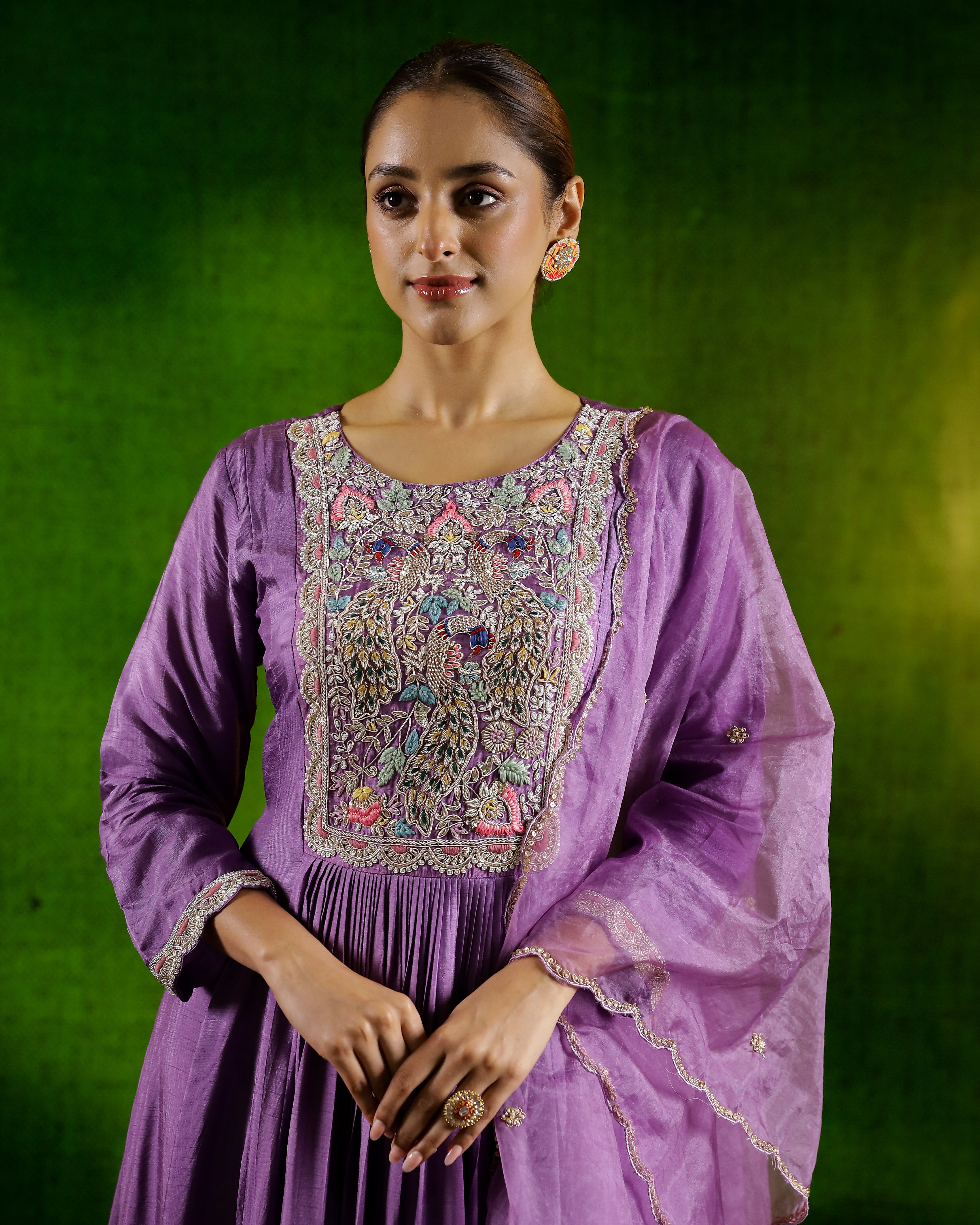 Mauve Embroidered & Flared Raw Silk Anarkali Set