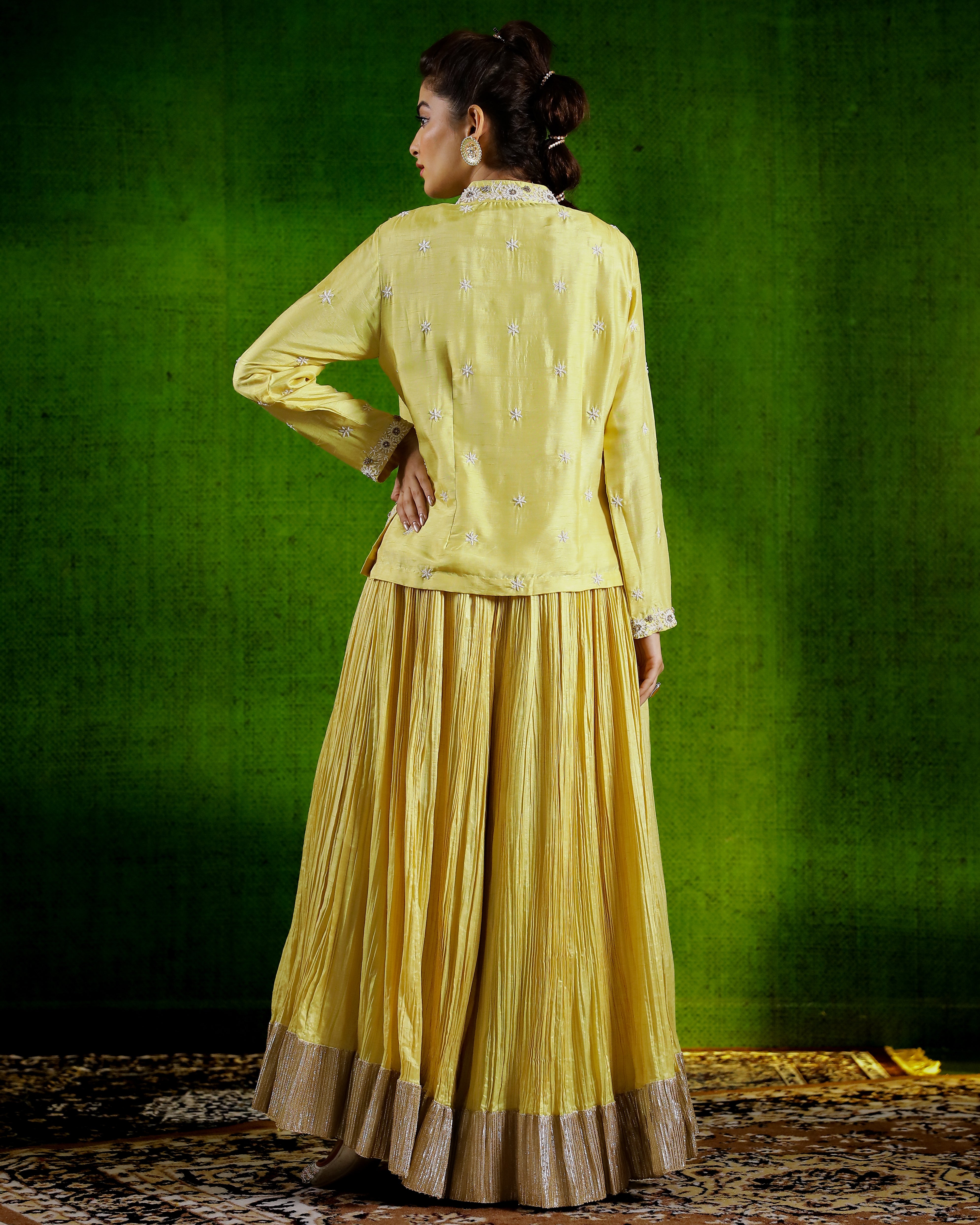 Lime Yellow Embellished Spanish Silk Palazzo Set