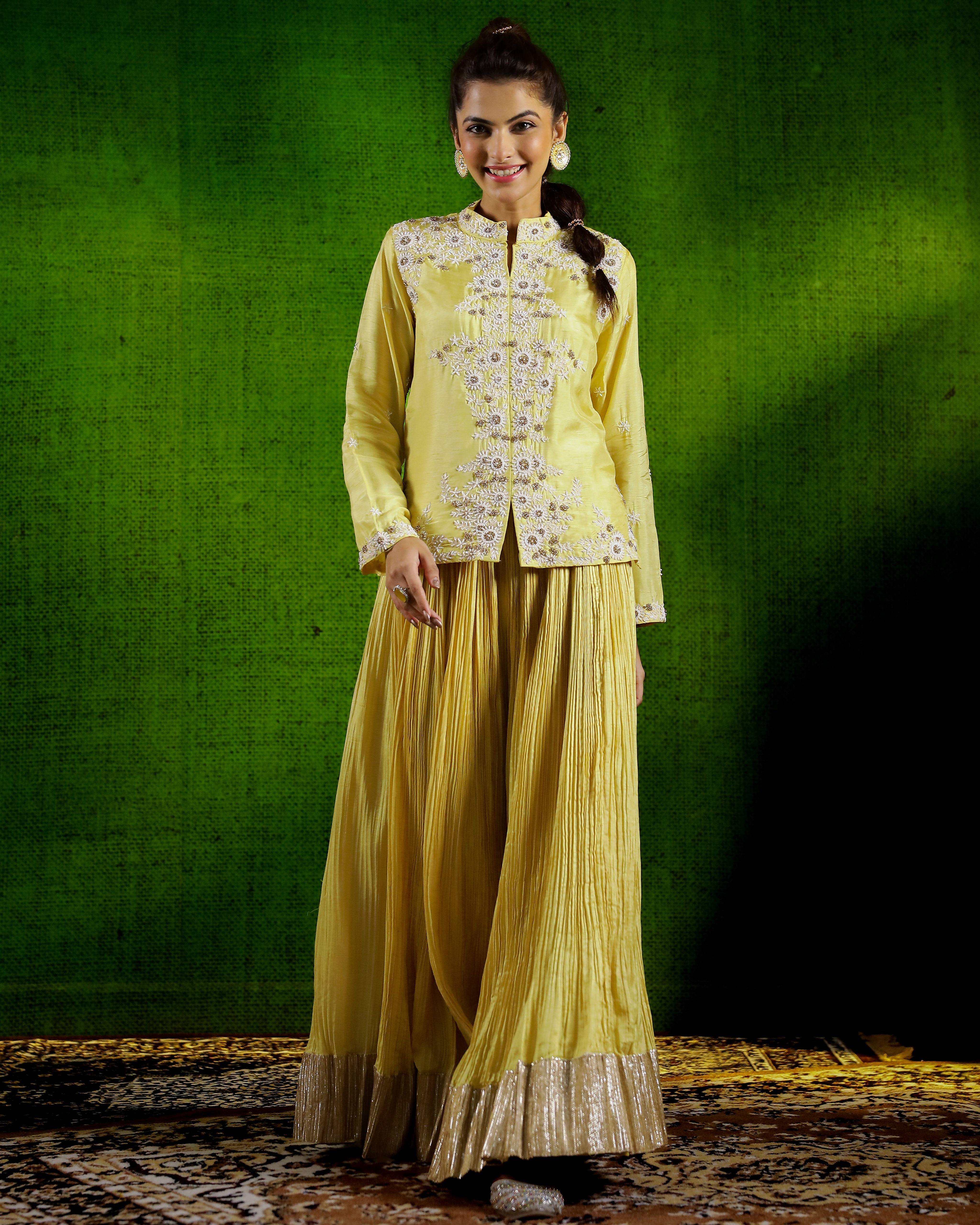 Lime Yellow Embellished Spanish Silk Palazzo Set