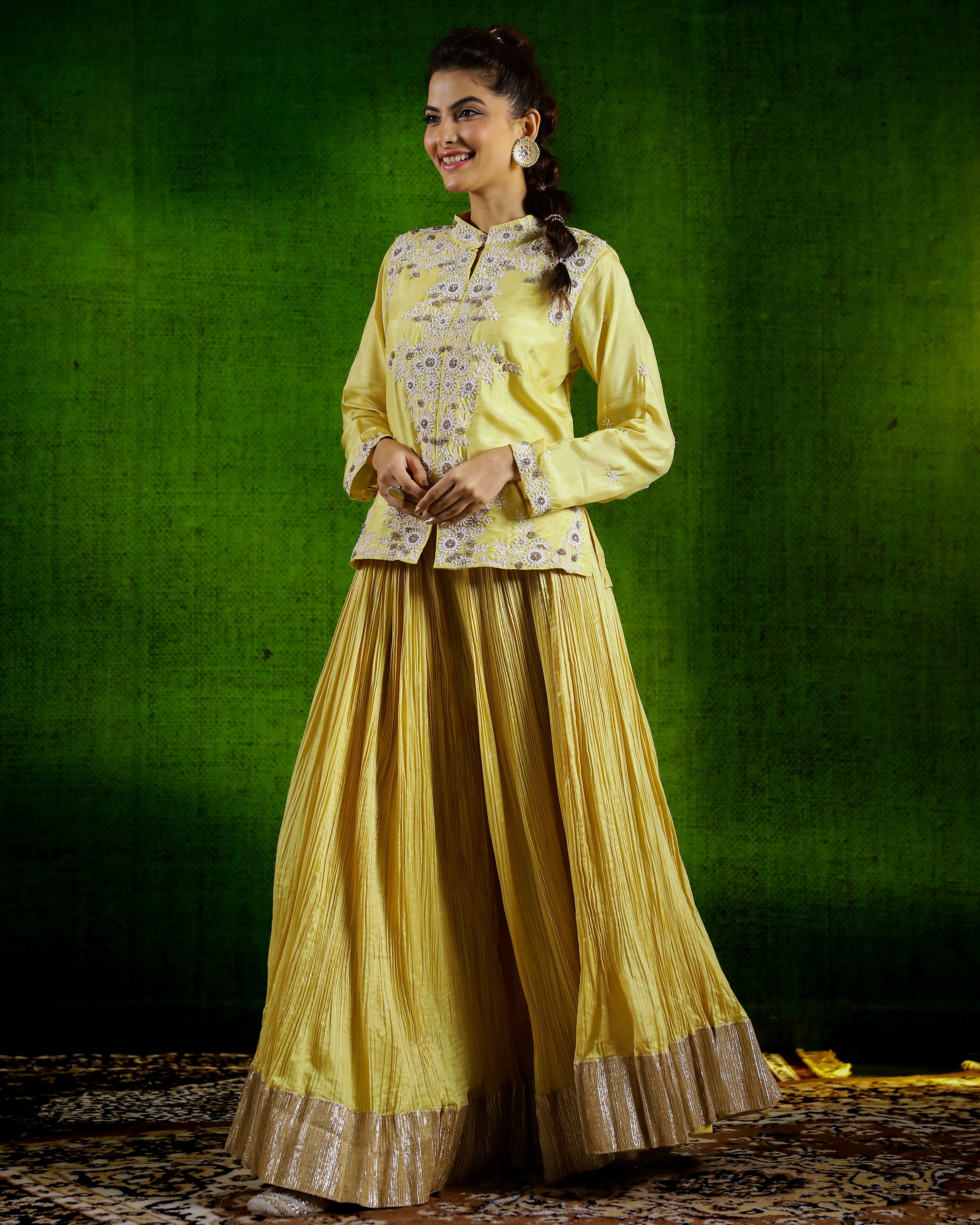 Lime Yellow Embellished Spanish Silk Palazzo Set