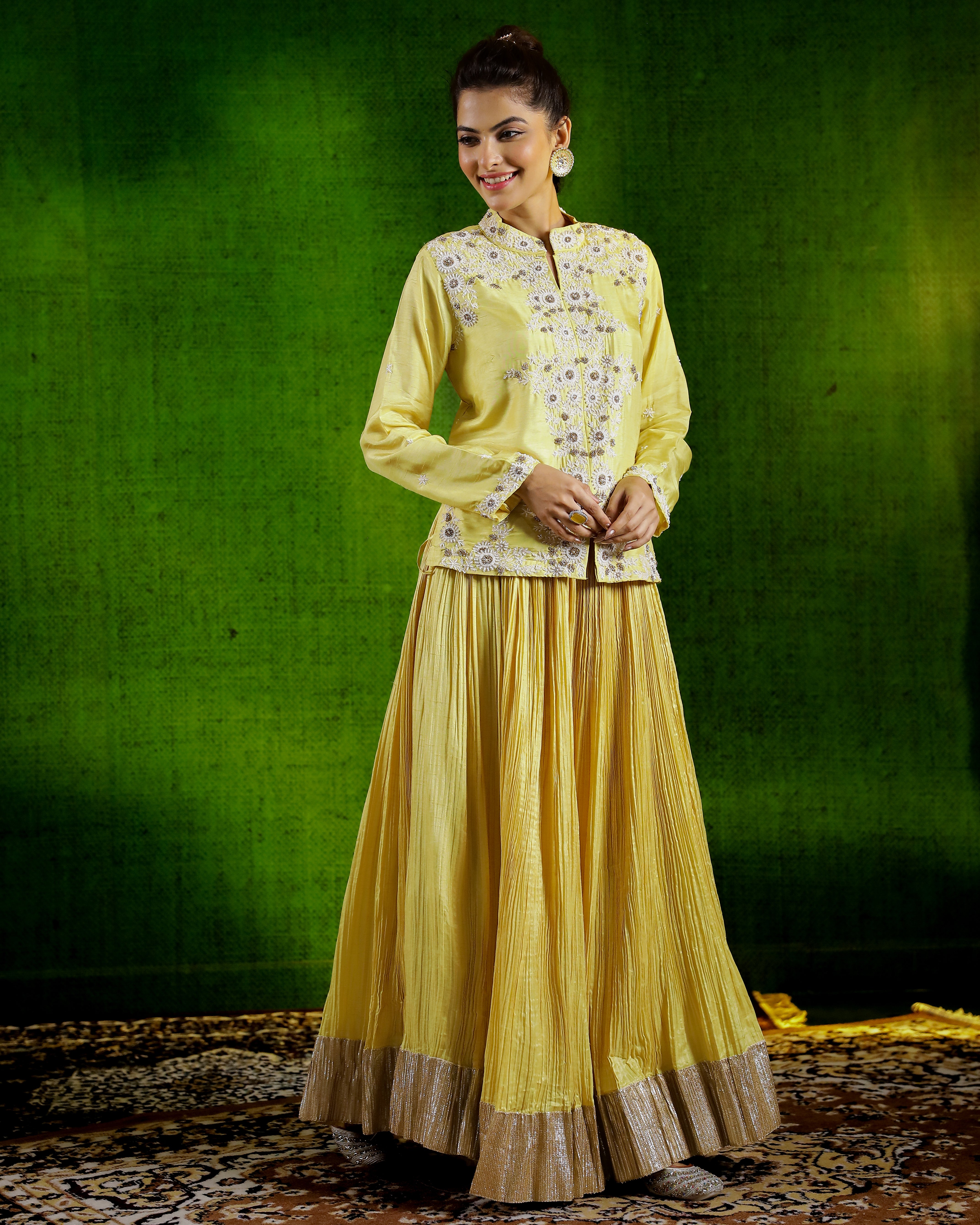 Lime Yellow Embellished Spanish Silk Palazzo Set