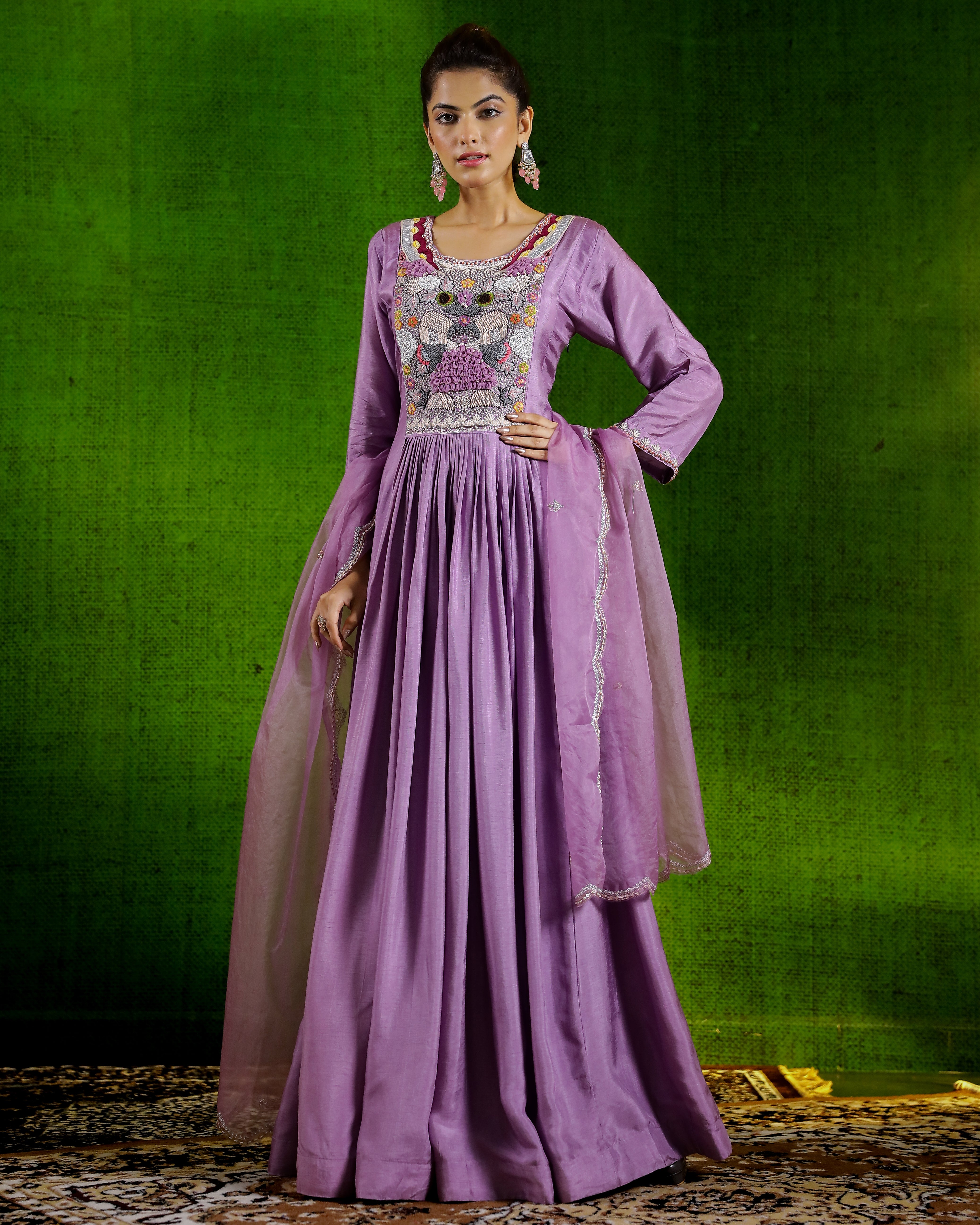 Lilac Embroidered & Flared Raw Silk Anarkali Set