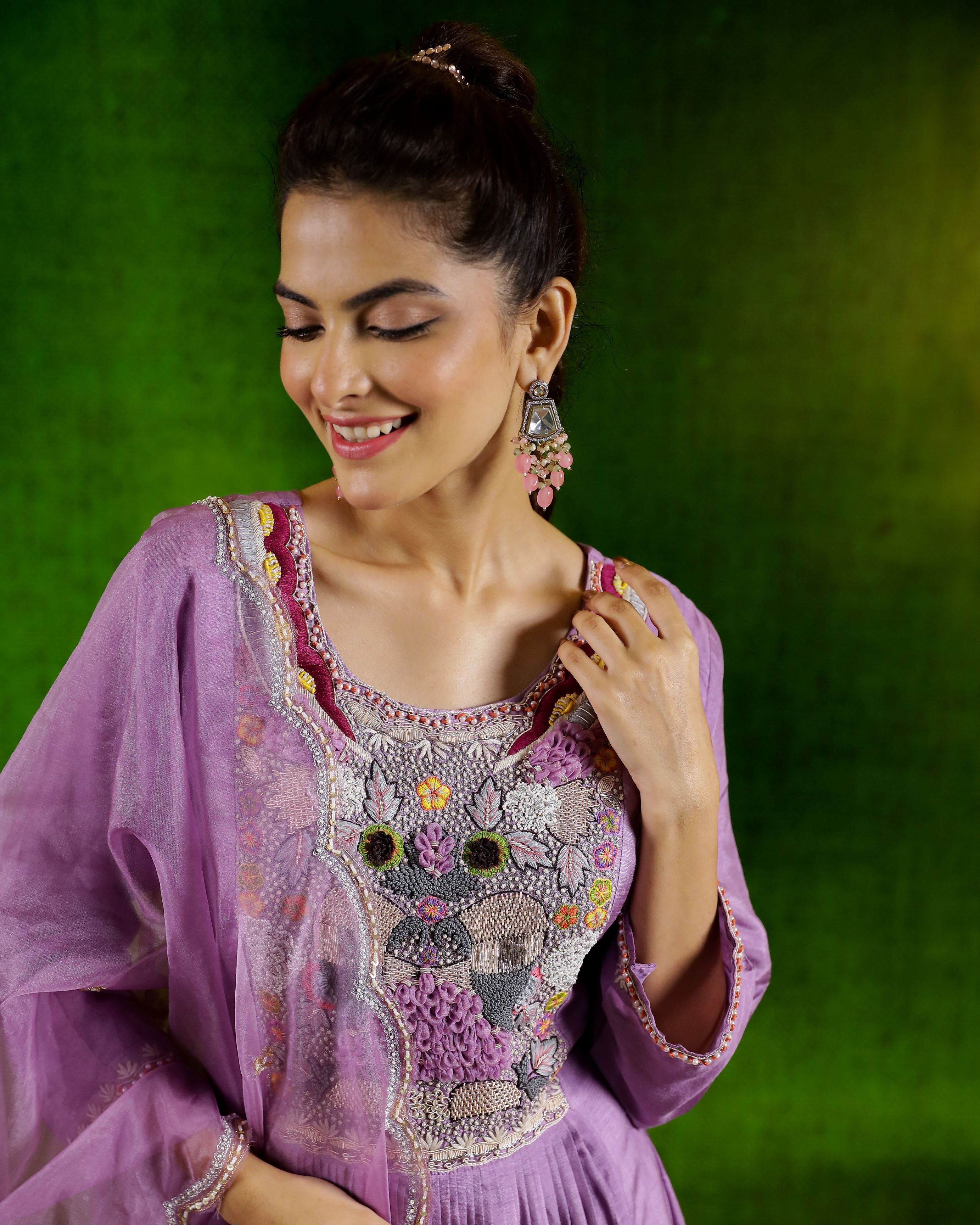 Lilac Embroidered & Flared Raw Silk Anarkali Set