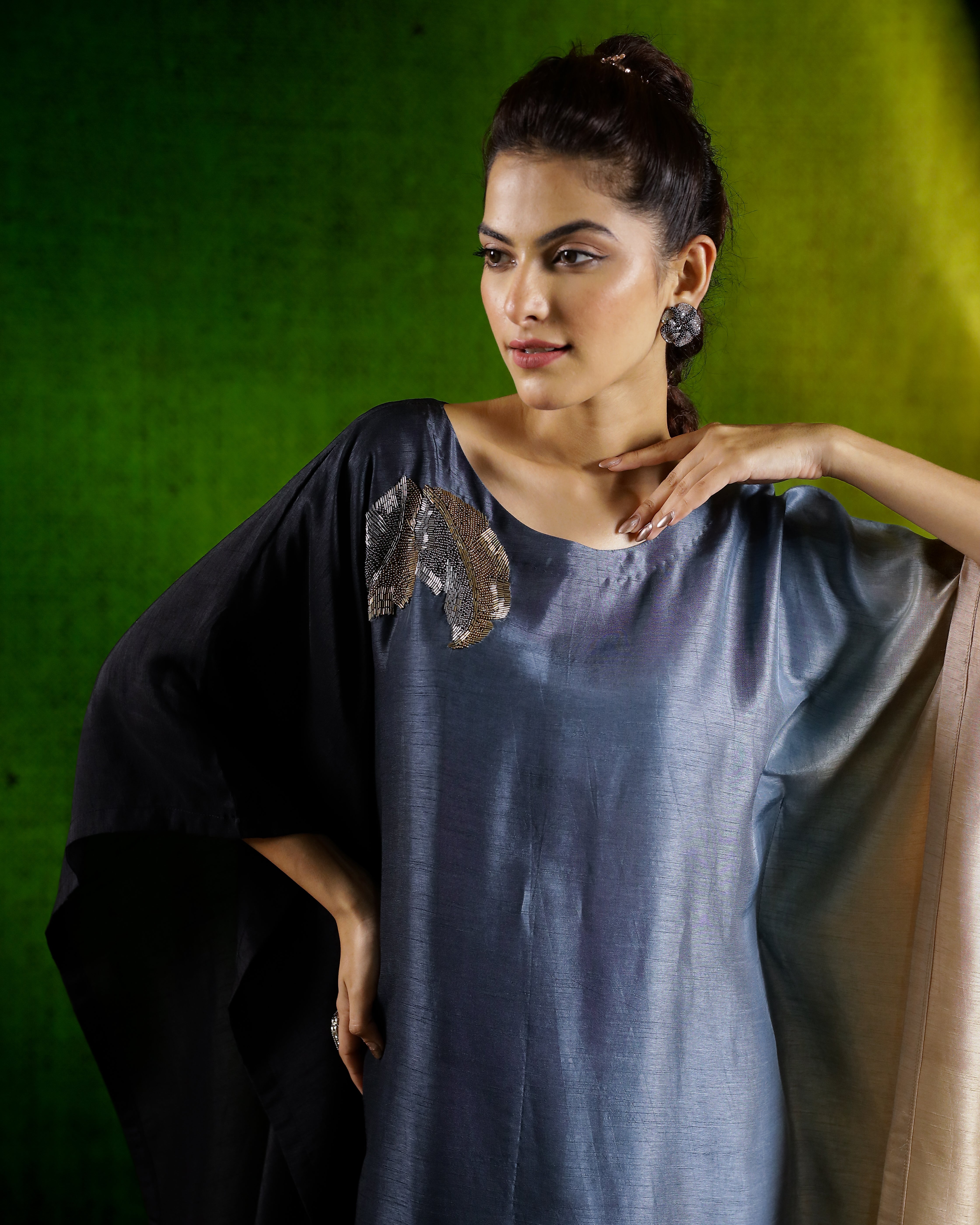 Black Ombre-Dyed Raw Silk Kaftan Set