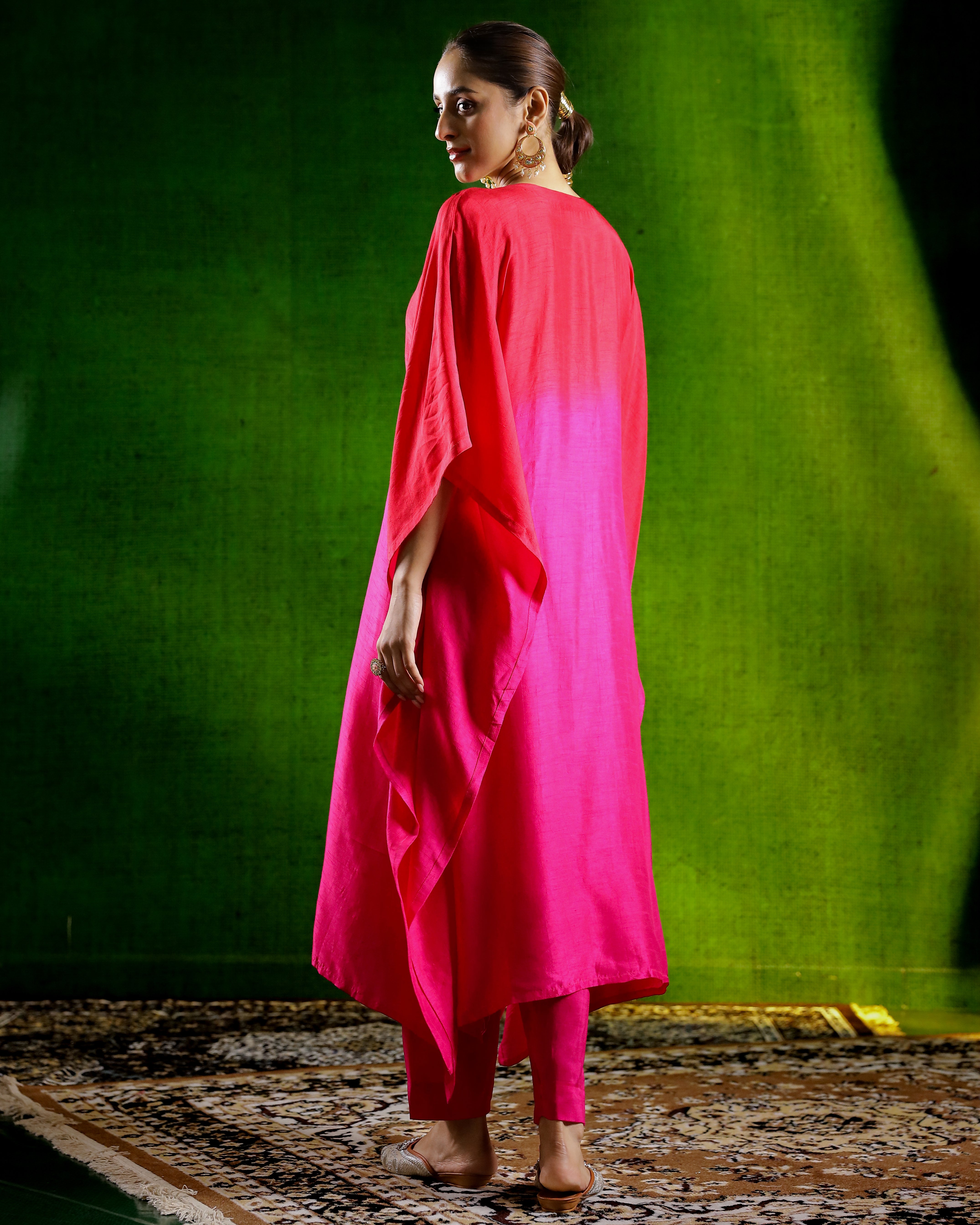 Pink Embellished Raw Silk Kaftan Set