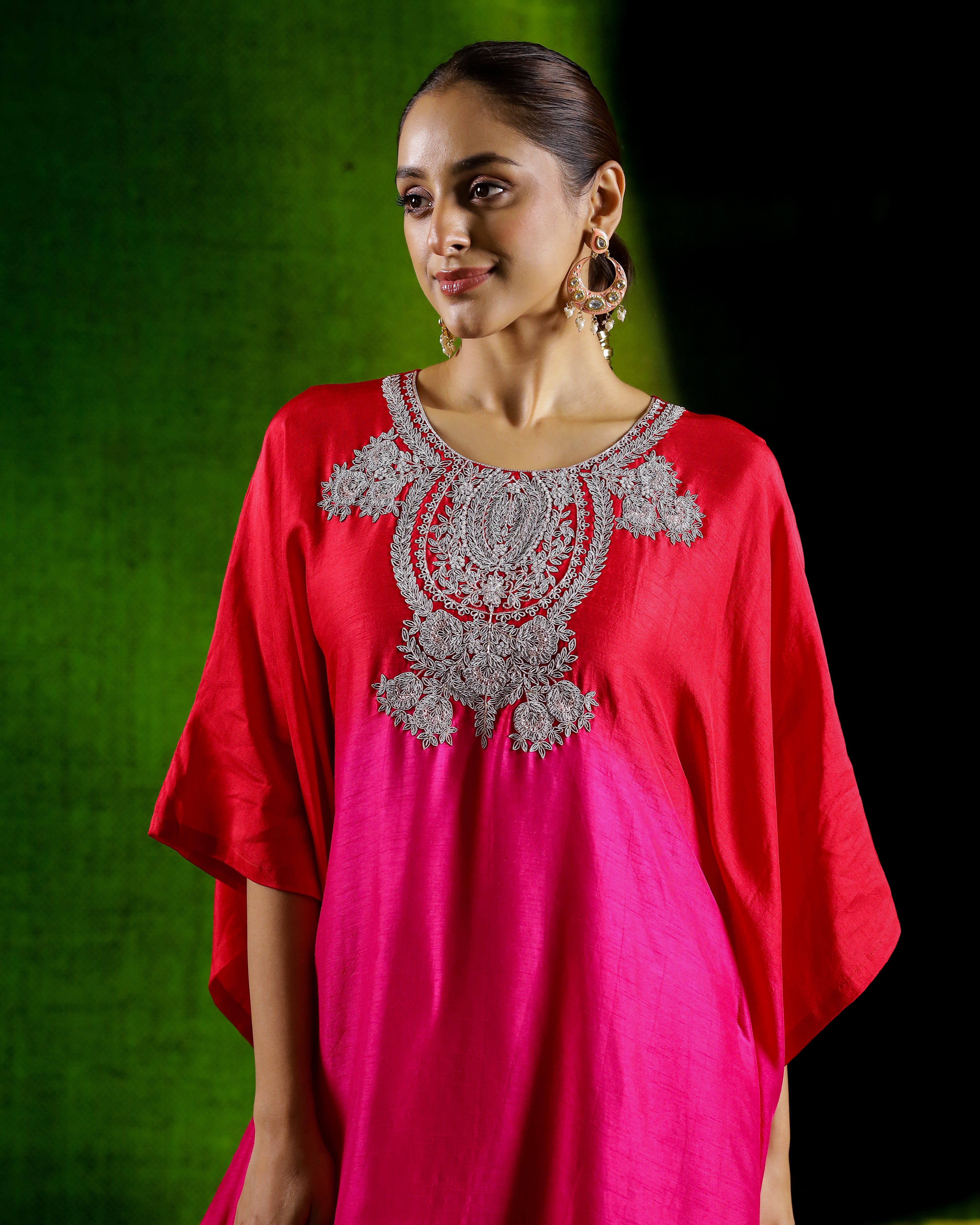 Pink Embellished Raw Silk Kaftan Set