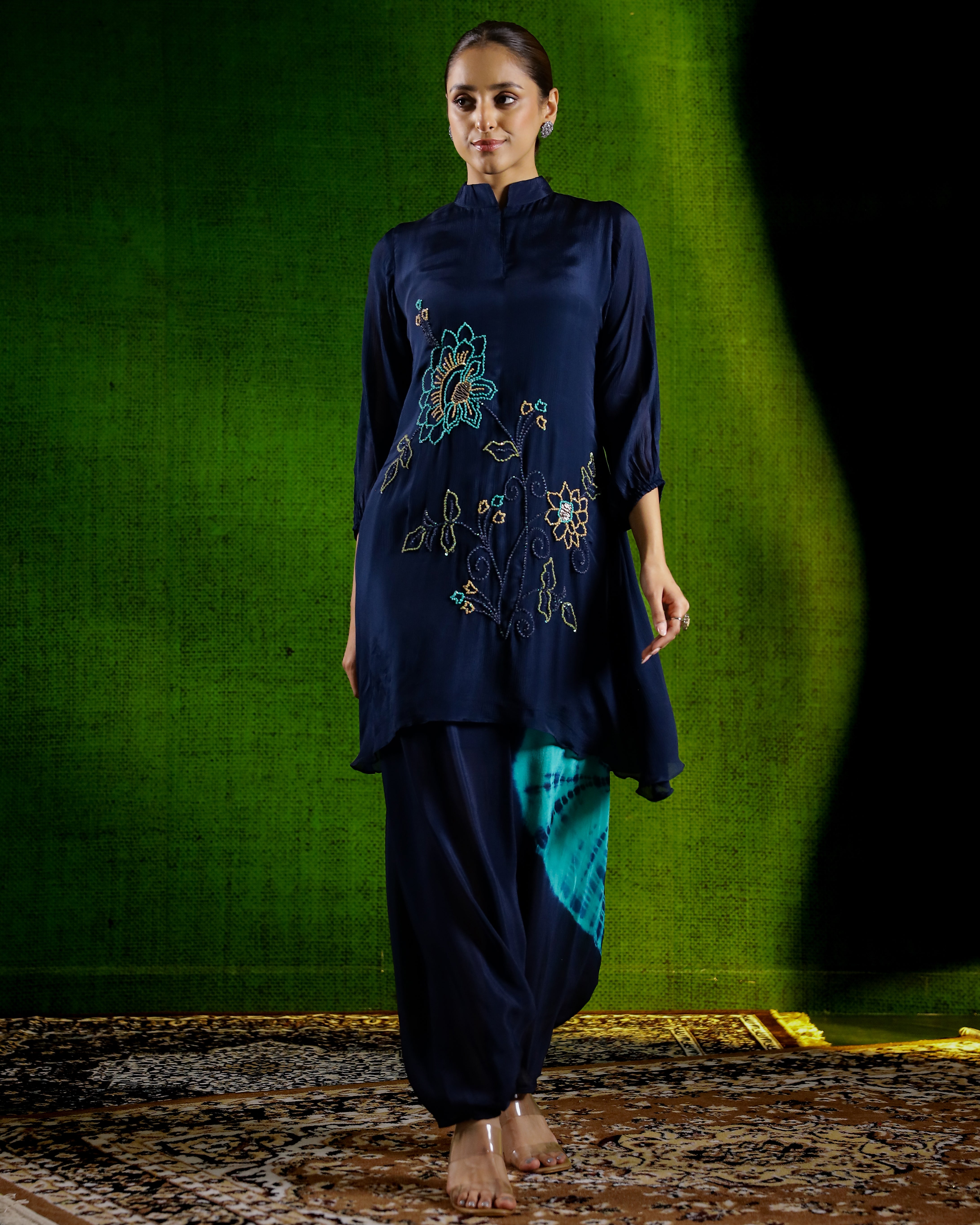 Deep Blue Tie & Dye Chinon Silk Kurta Set