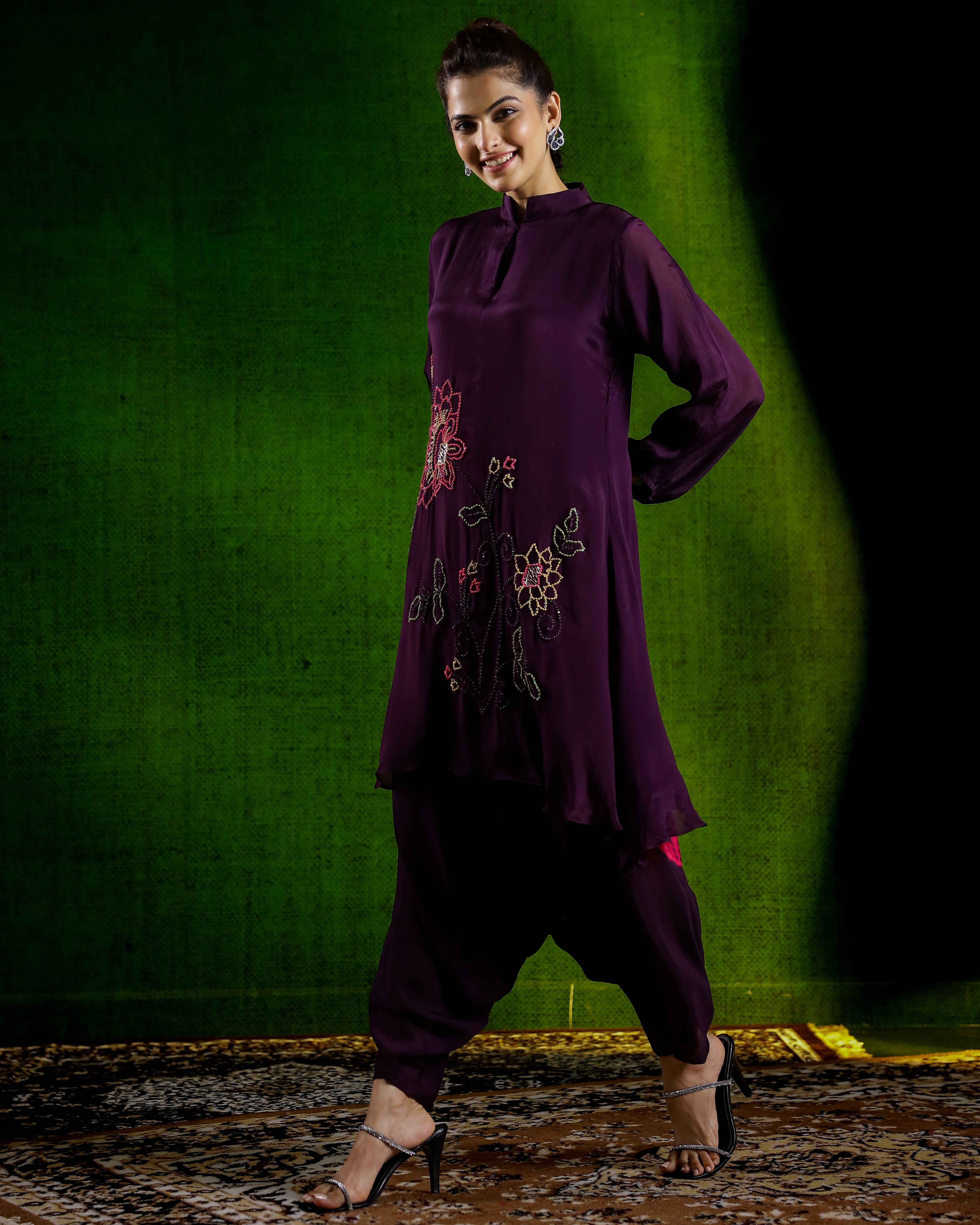 Deep Purple Tie & Dye Chinon Silk Kurta Set