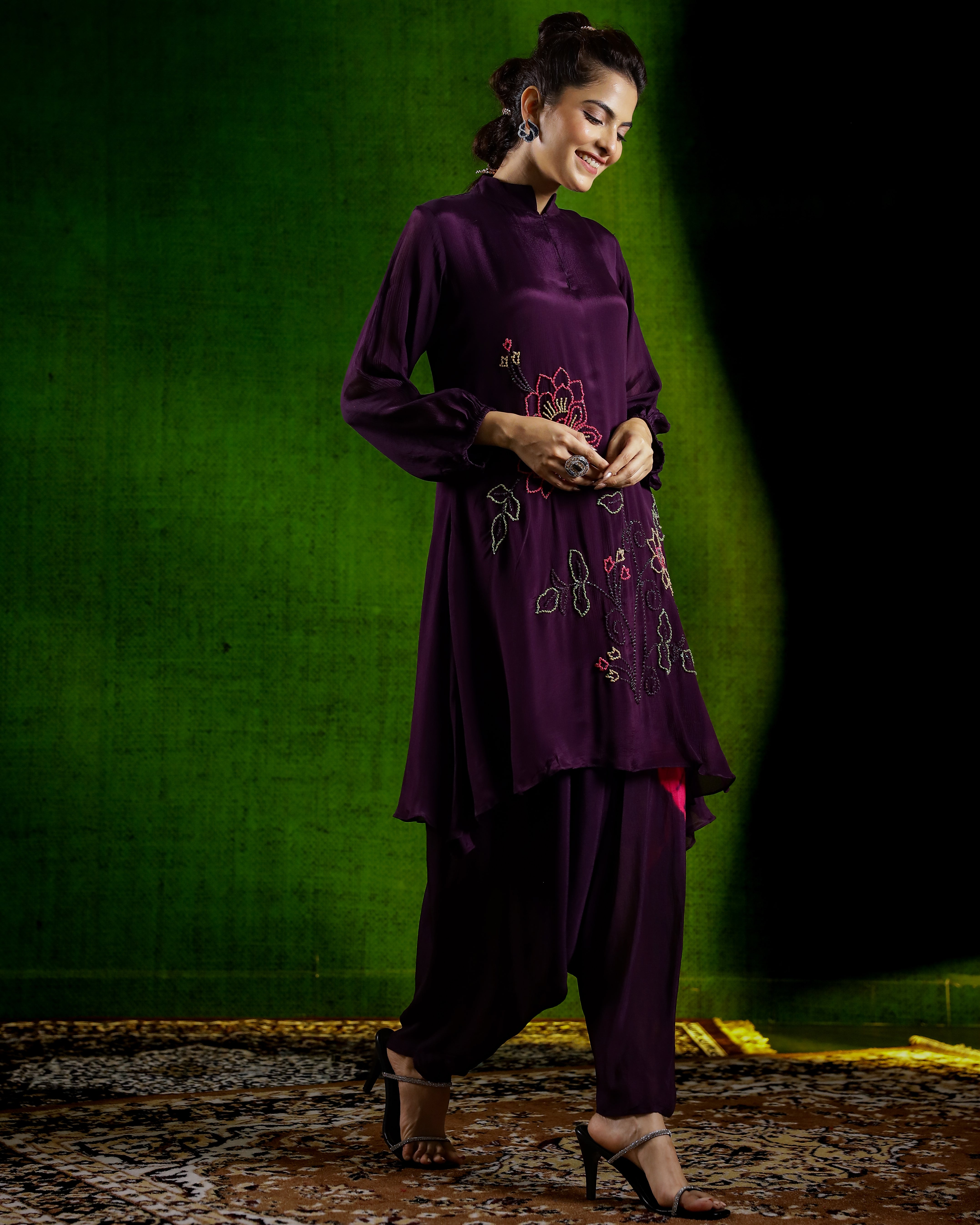 Purple Tie & Dye Chinon Silk Dhoti Set