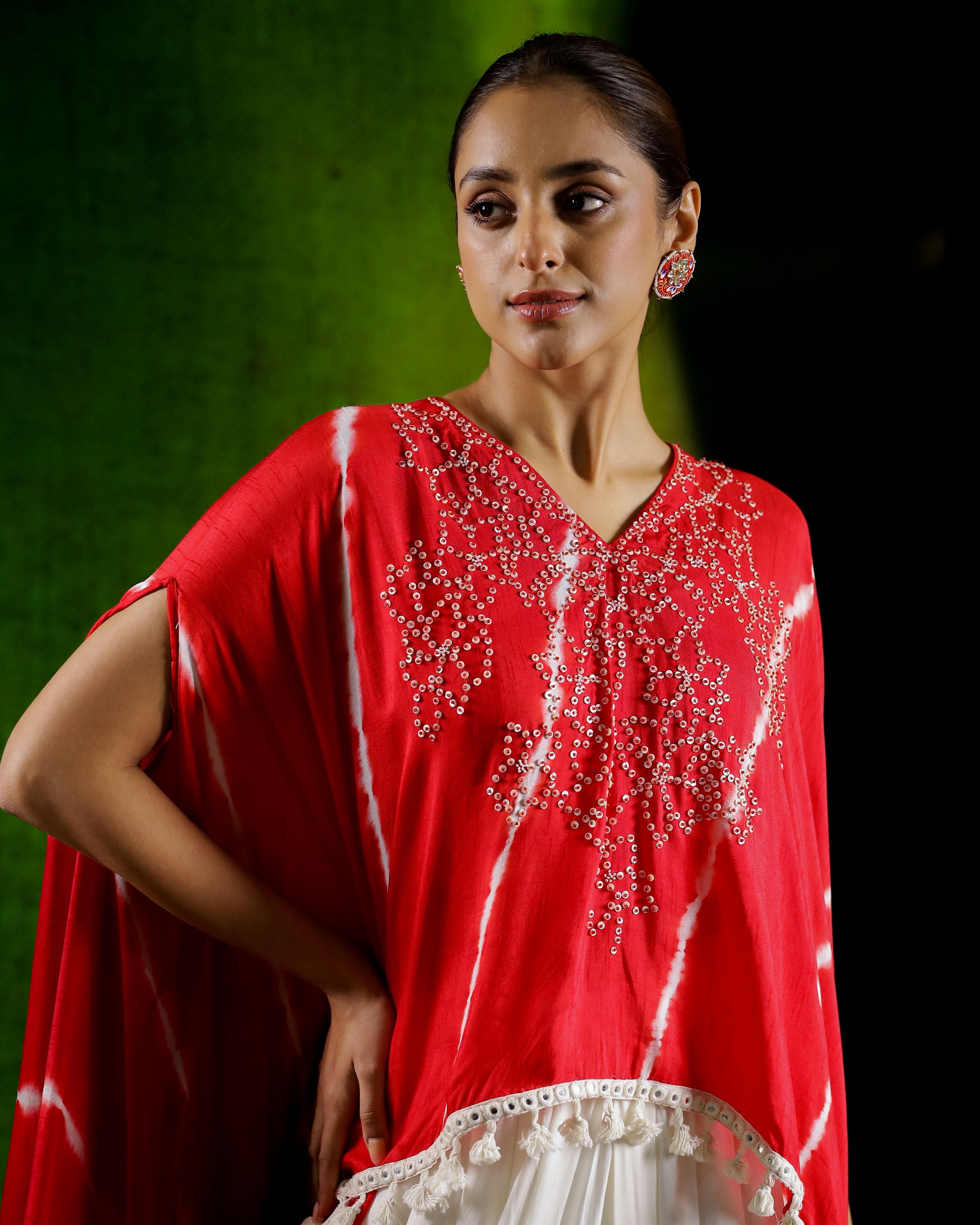 Classic Red Leheriya Printed Raw Silk Kaftan Set.