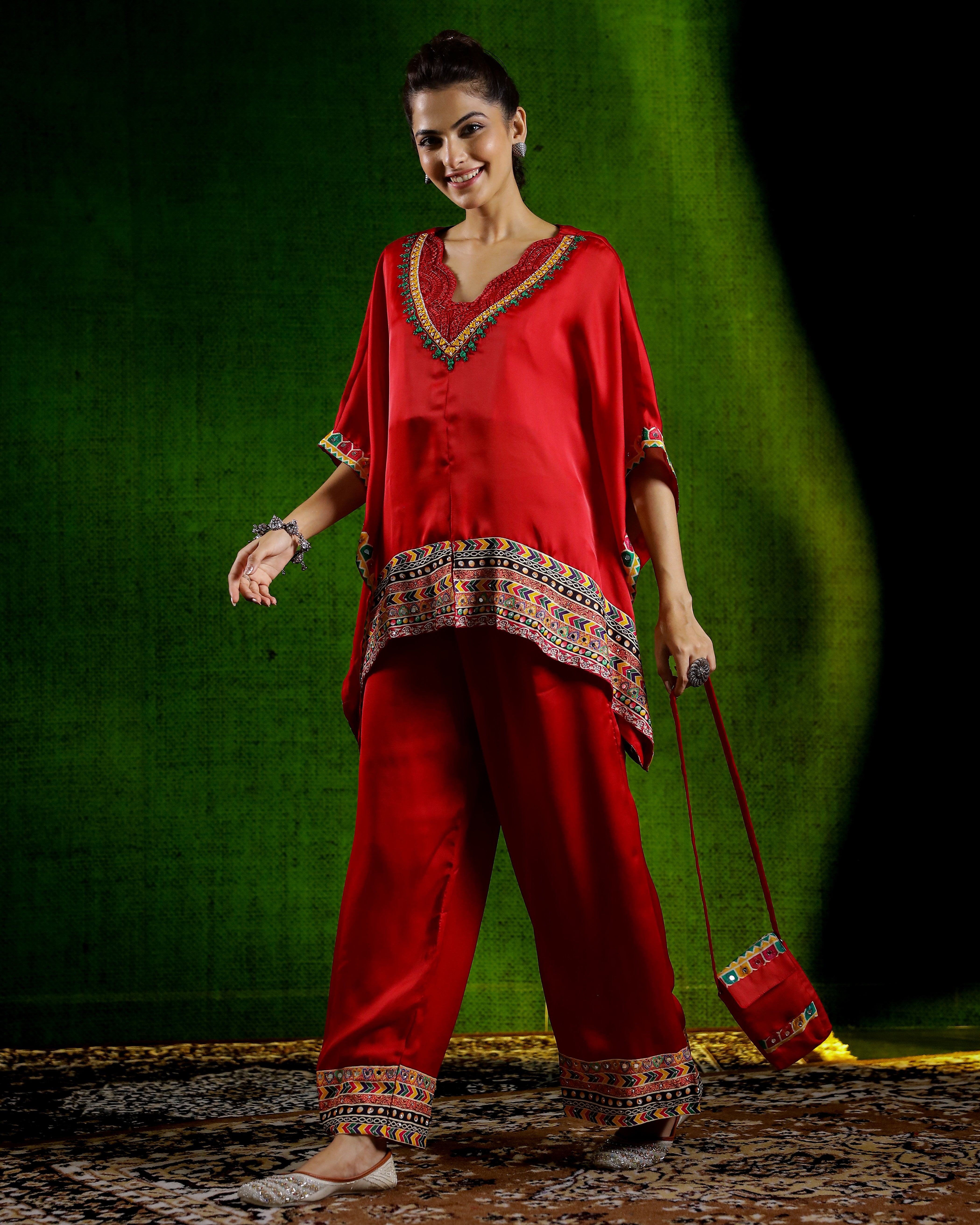 Red Embroidered Crepe Silk Kaftan Set