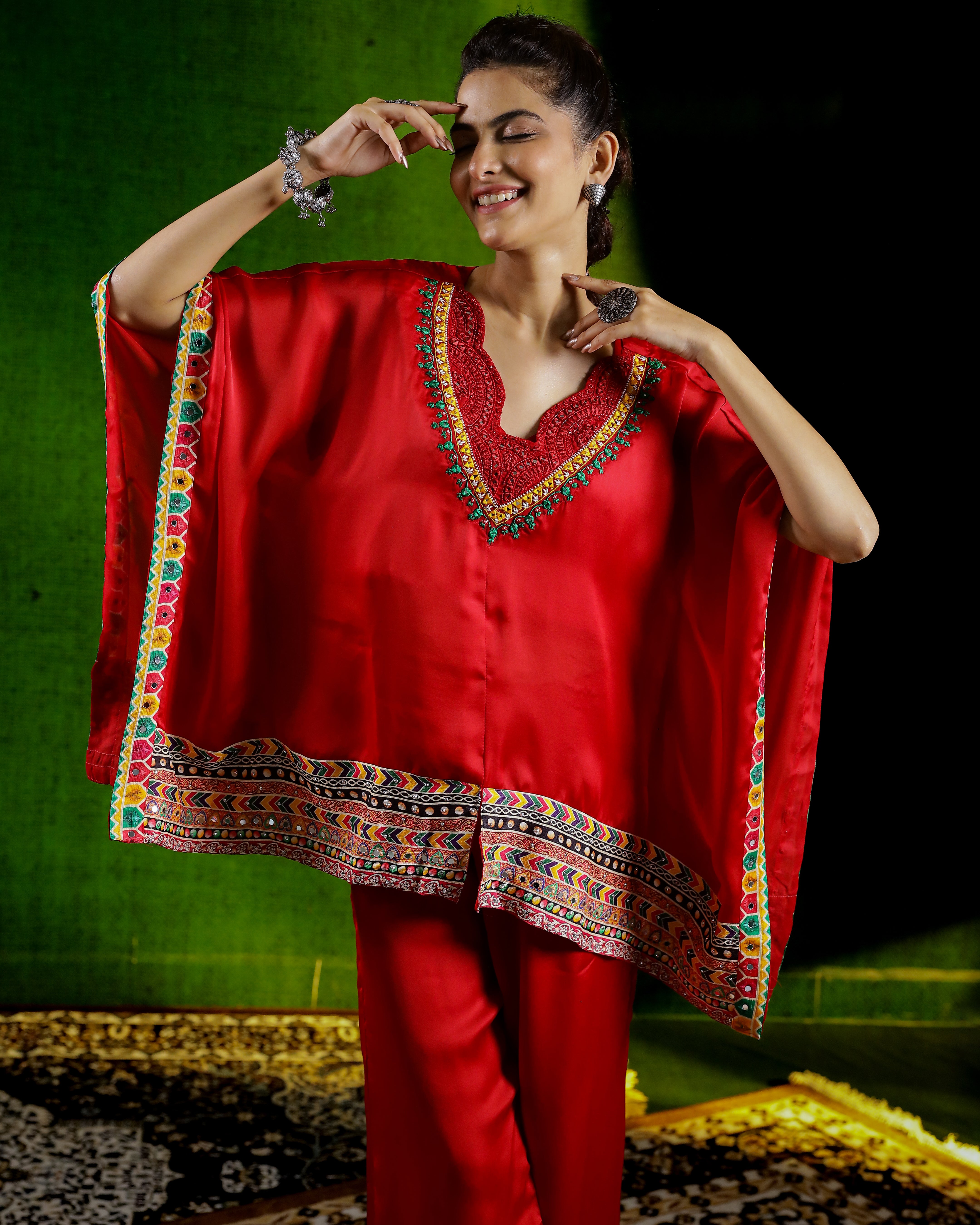 Red Embroidered Crepe Silk Kaftan Set