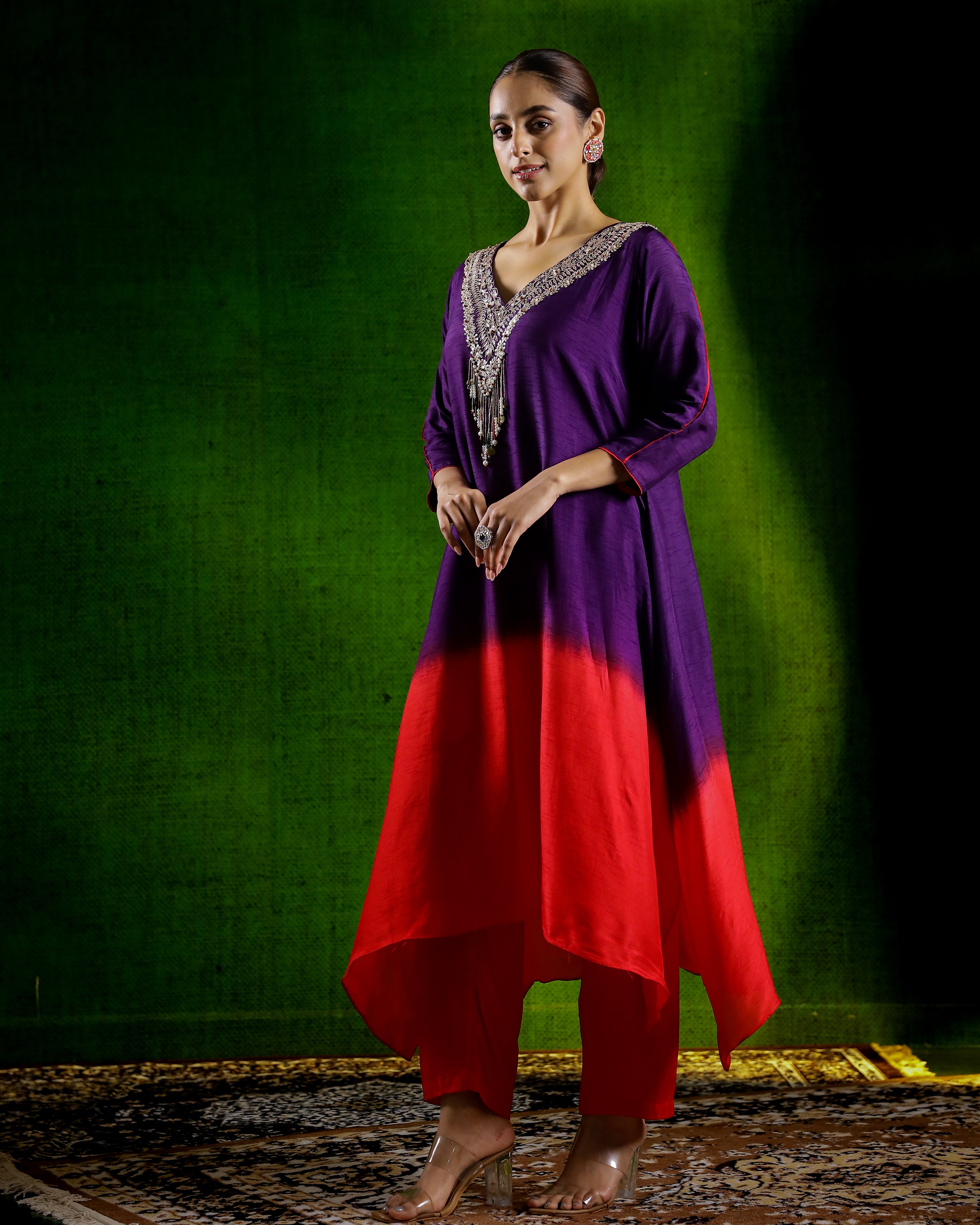 Purple Embellished Raw Silk Kurta Set